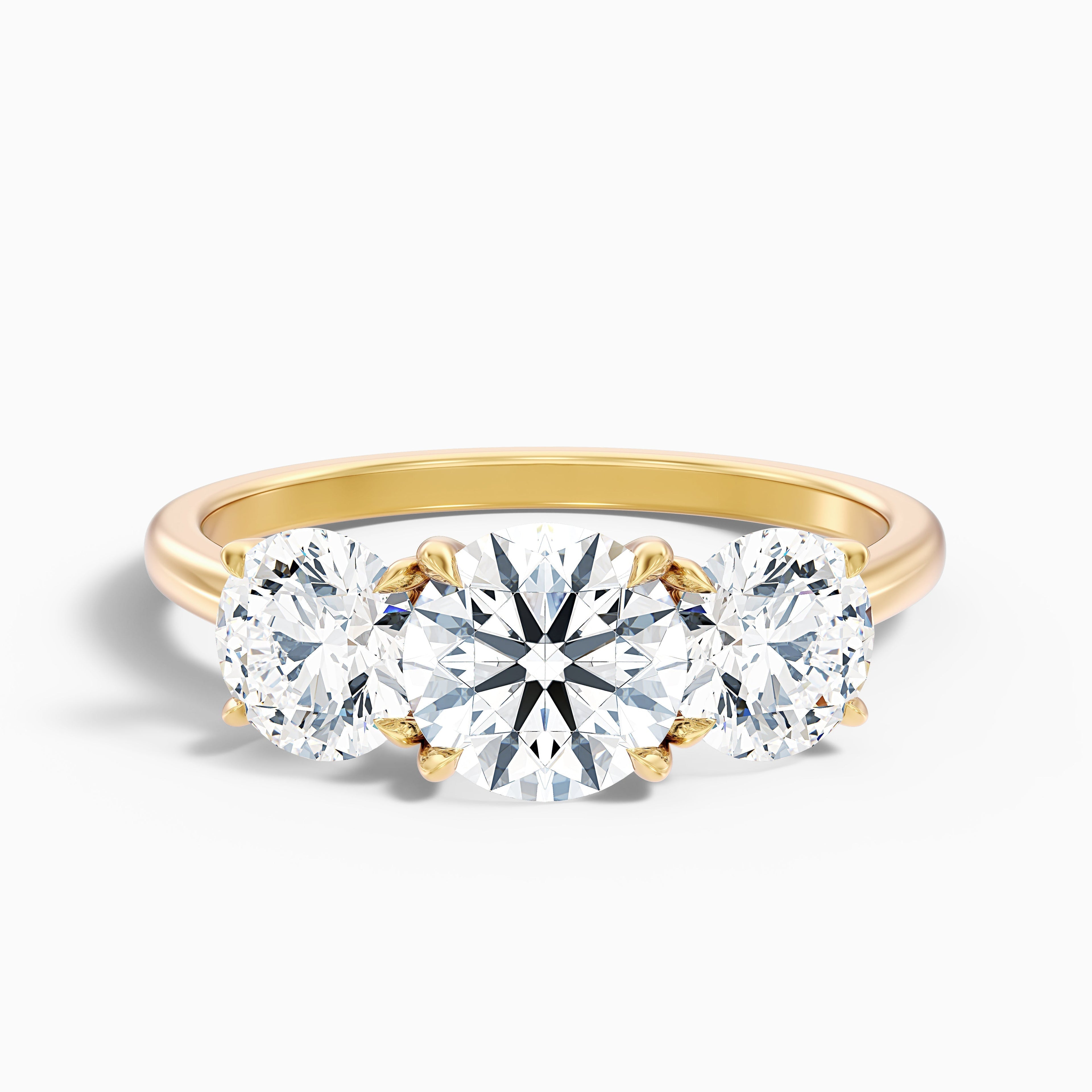 Iris 1 Carat Round Three Stone Moissanite Diamond Ring in 14k Yellow Gold