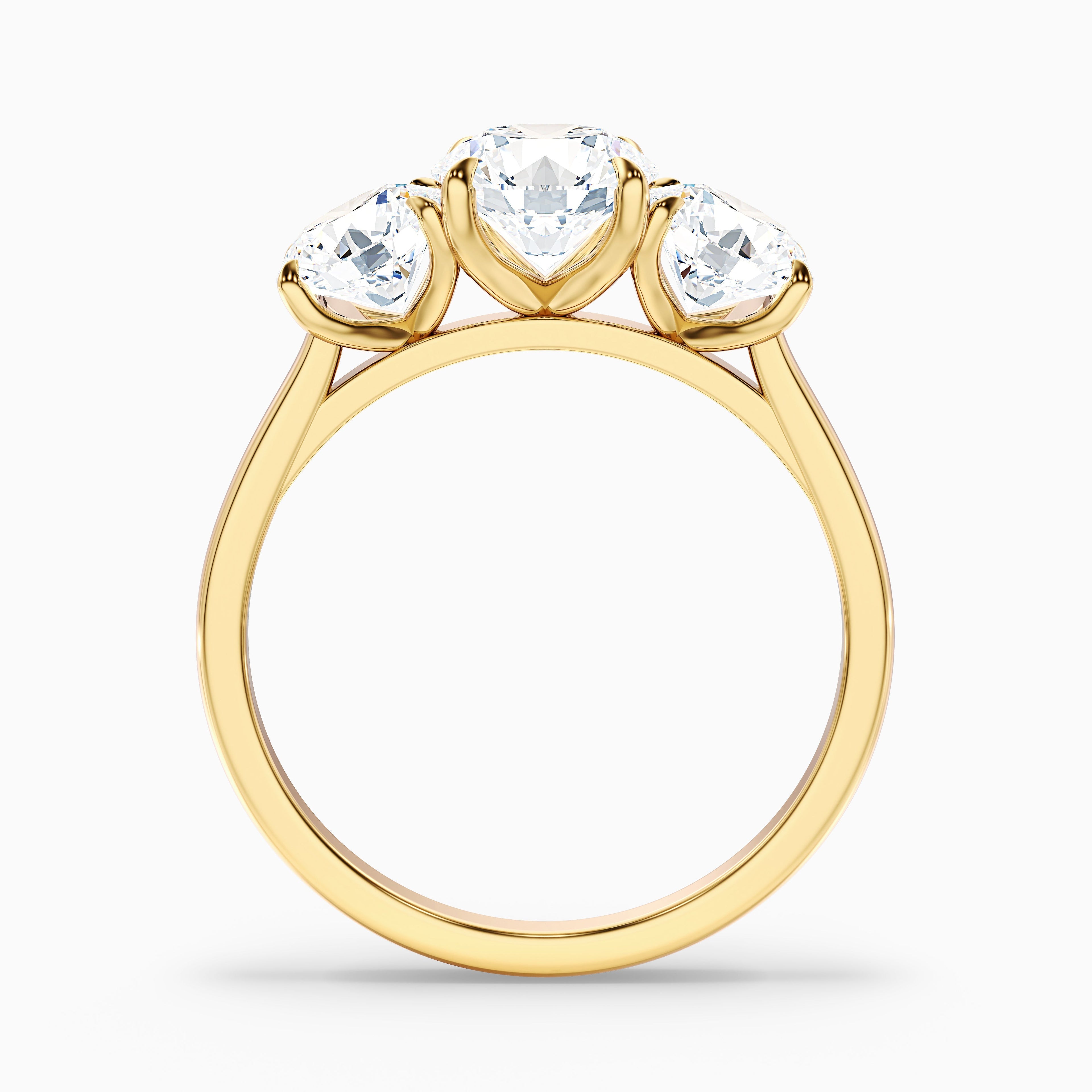 Iris 4 Carat Round Three Stone Moissanite Diamond Ring in 18k Yellow Gold