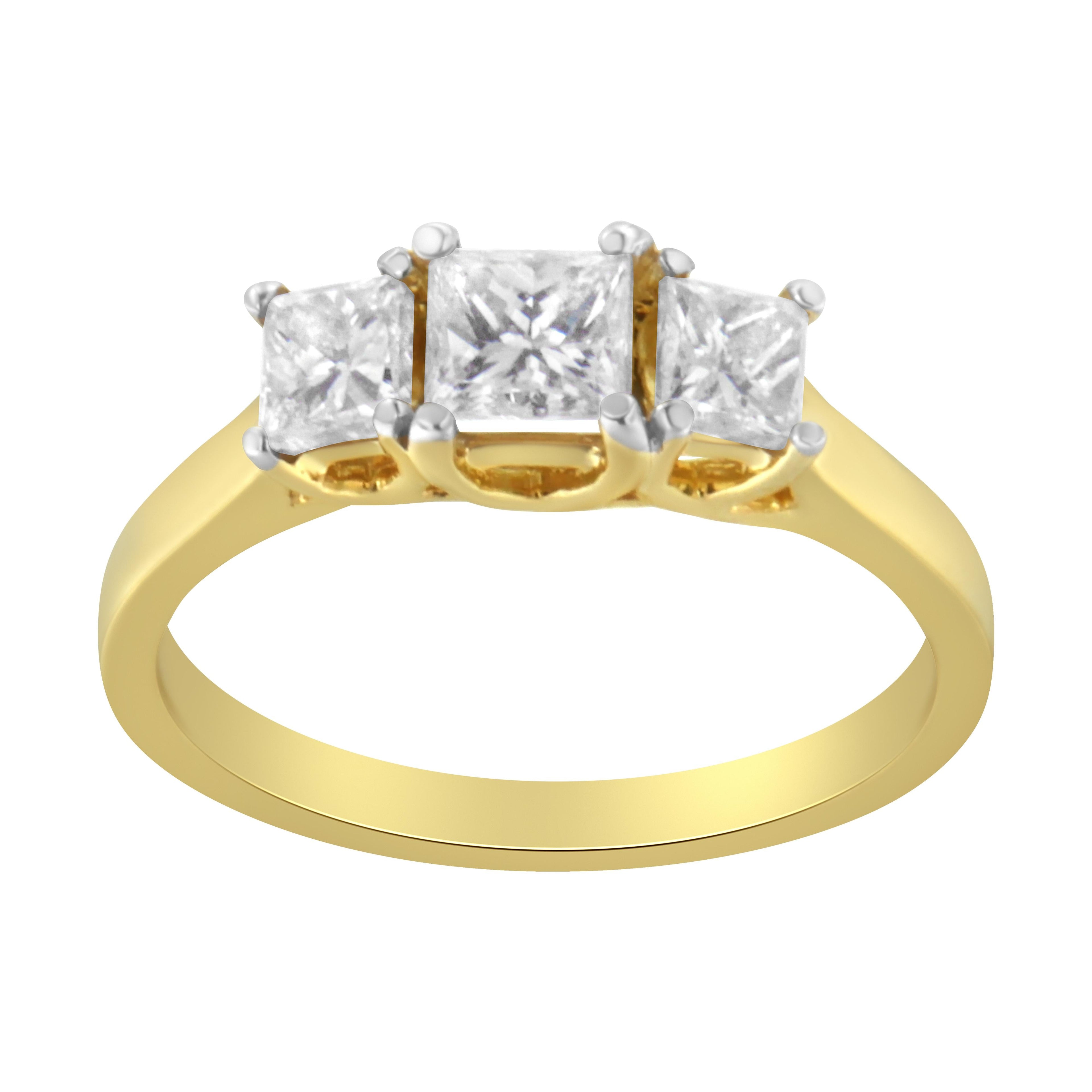 10K Yellow Gold Princess-Cut Diamond Three Stone Band Ring (1 Cttw, J-K Color, I1-I2 Clarity) - Size 6 by Bids.com