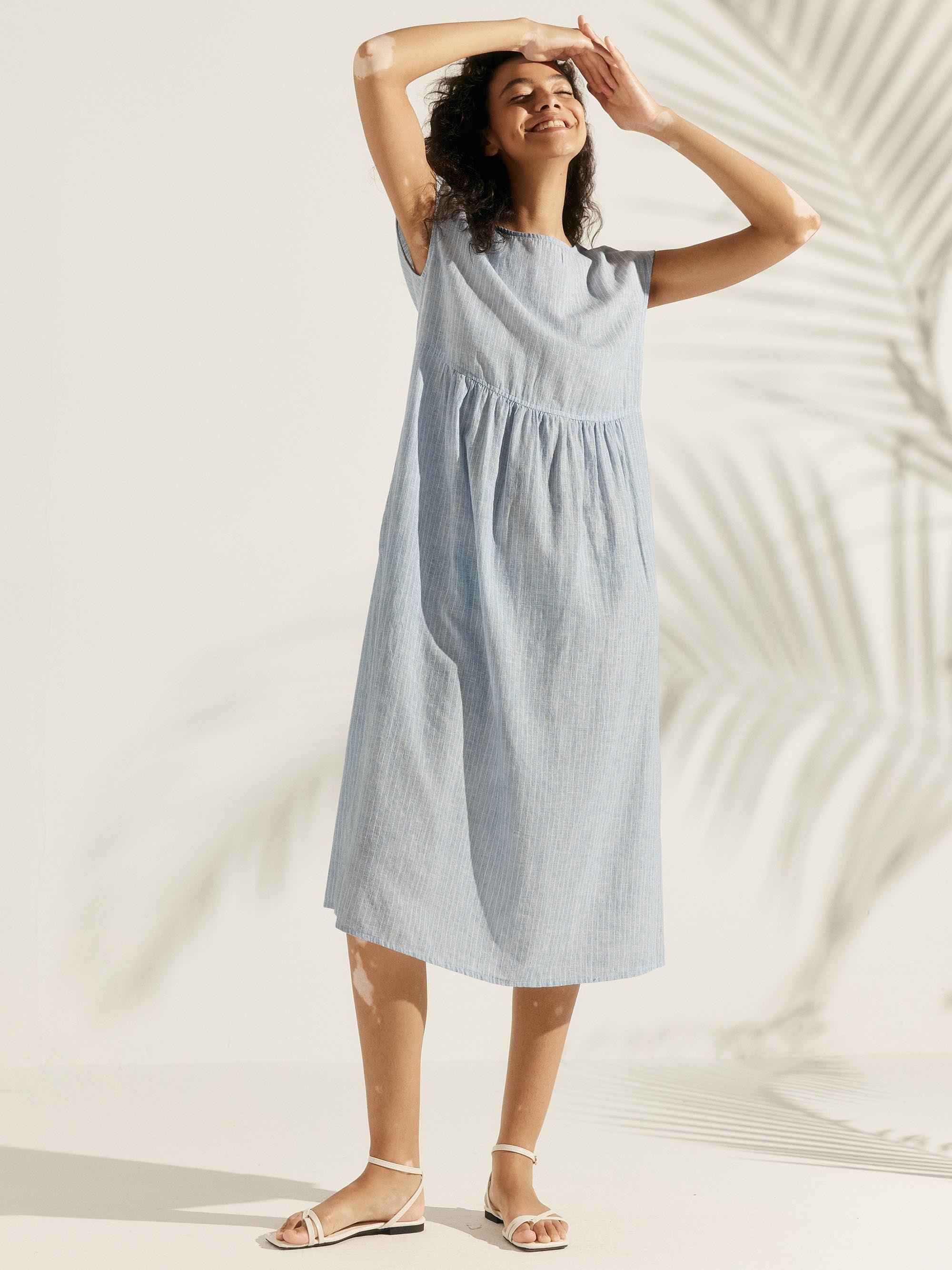 Linen Striped Cap Sleeve Washed Maxi Dress JOAN by LINTICO