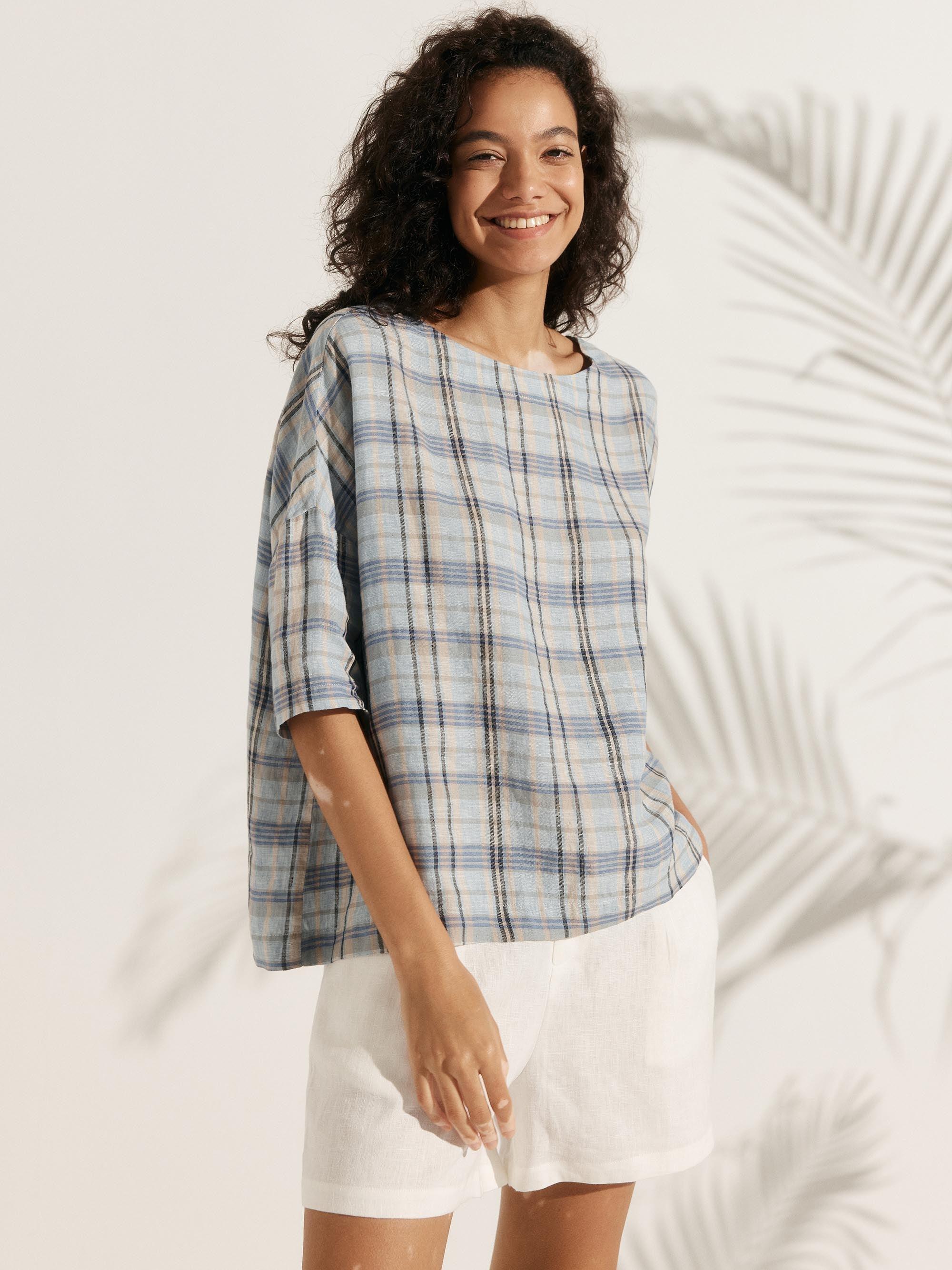 100% Linen Gingham Checked Boatneck 3/4 Length Sleeve Top AURORA by LINTICO