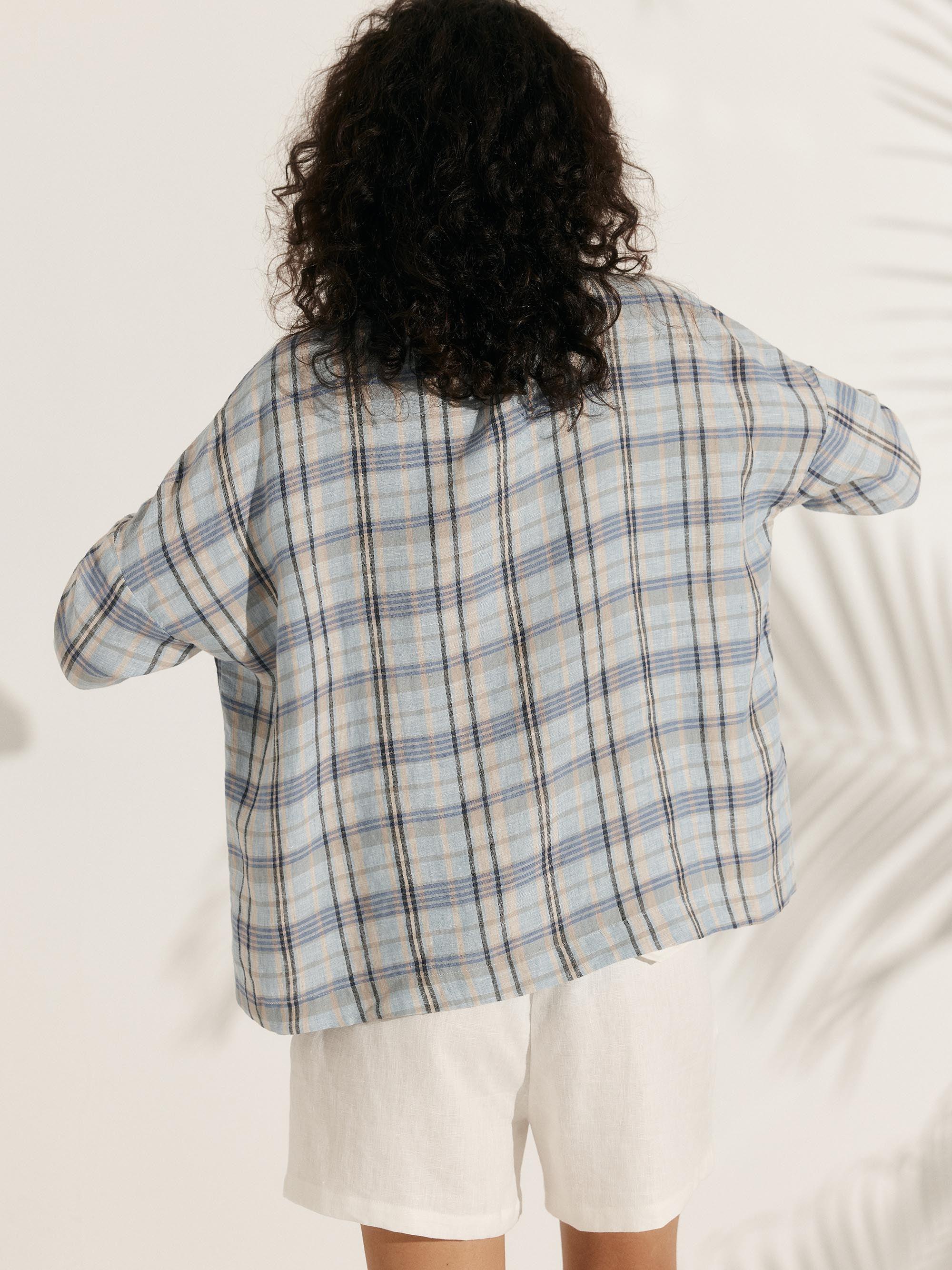 100% Linen Gingham Checked Boatneck 3/4 Length Sleeve Top AURORA by LINTICO
