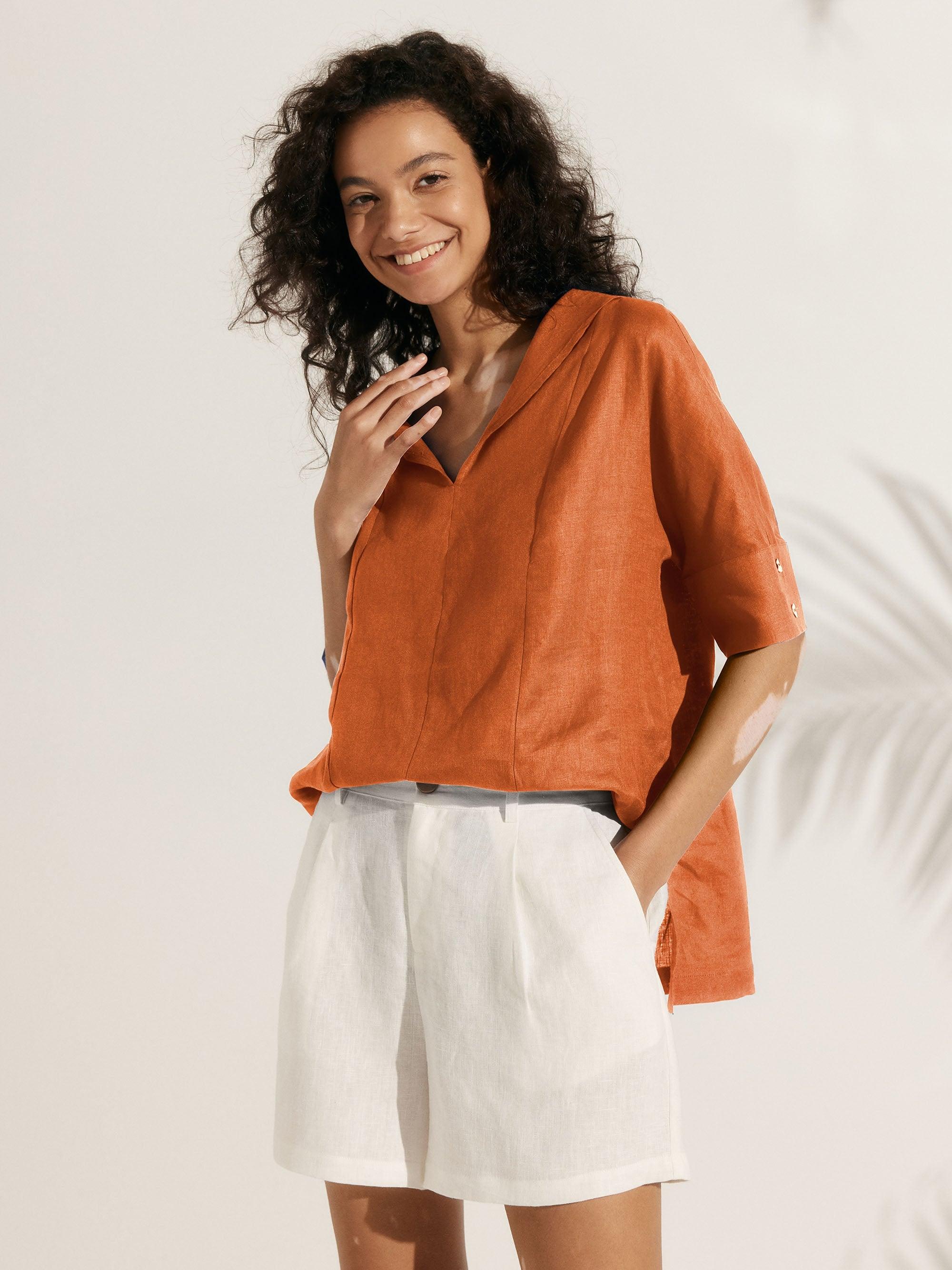 Linen V Neck Short Sleeve Shirt SIERRA