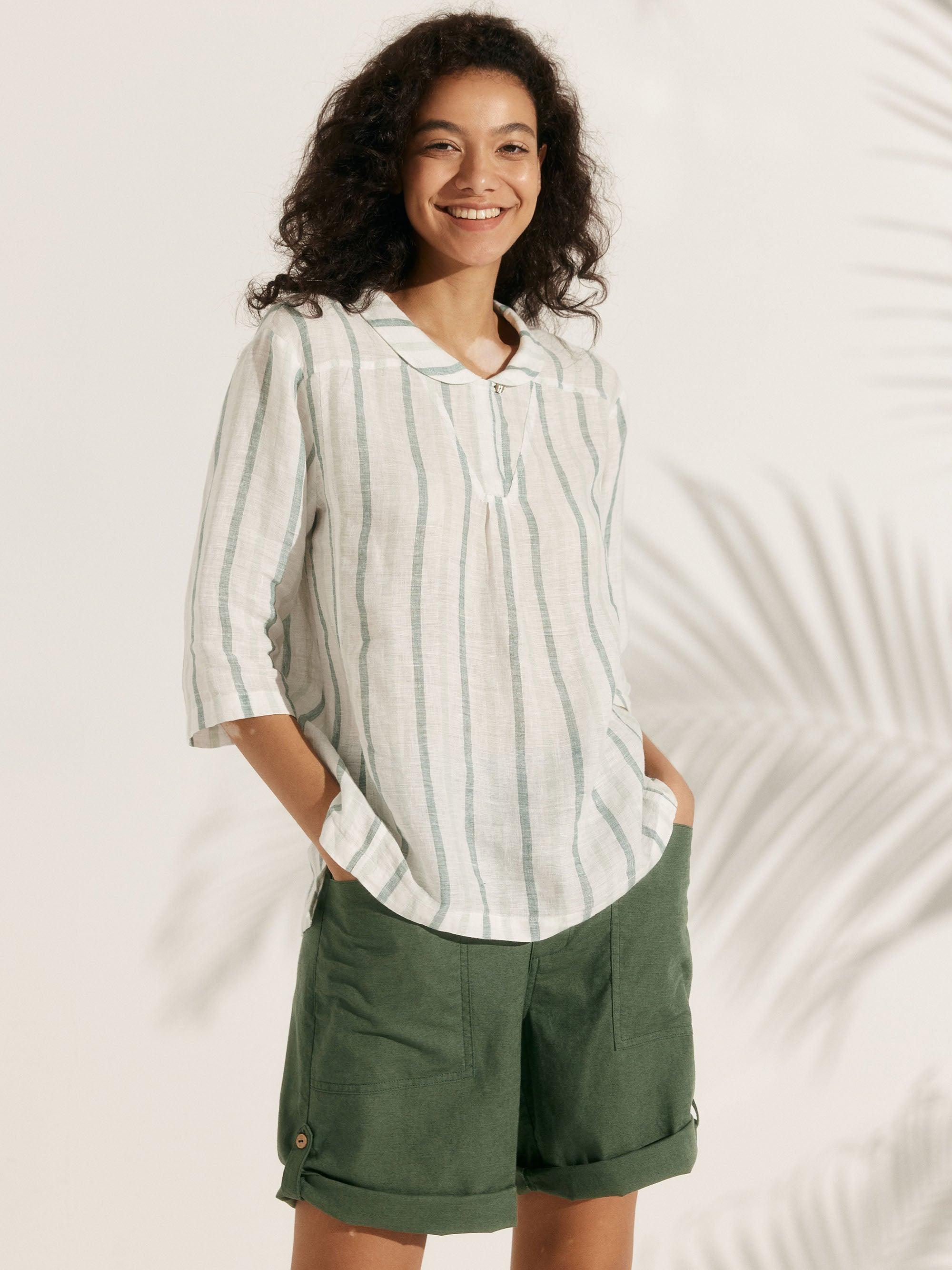 100% Linen Stripe Shawl V-Neck Half Sleeve Top by LINTICO