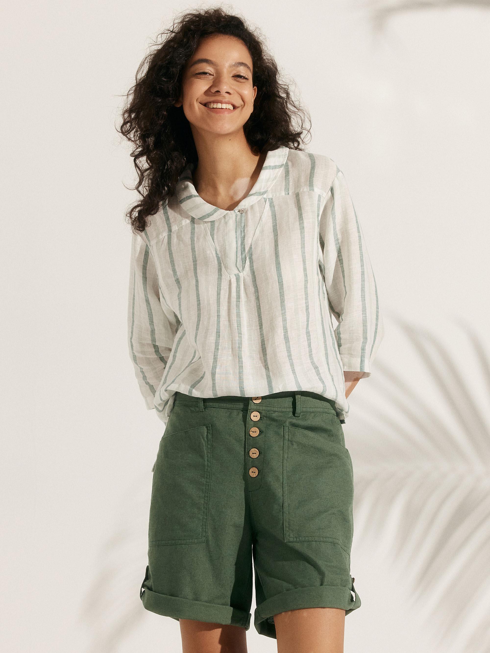 100% Linen Stripe Shawl V-Neck Half Sleeve Top by LINTICO