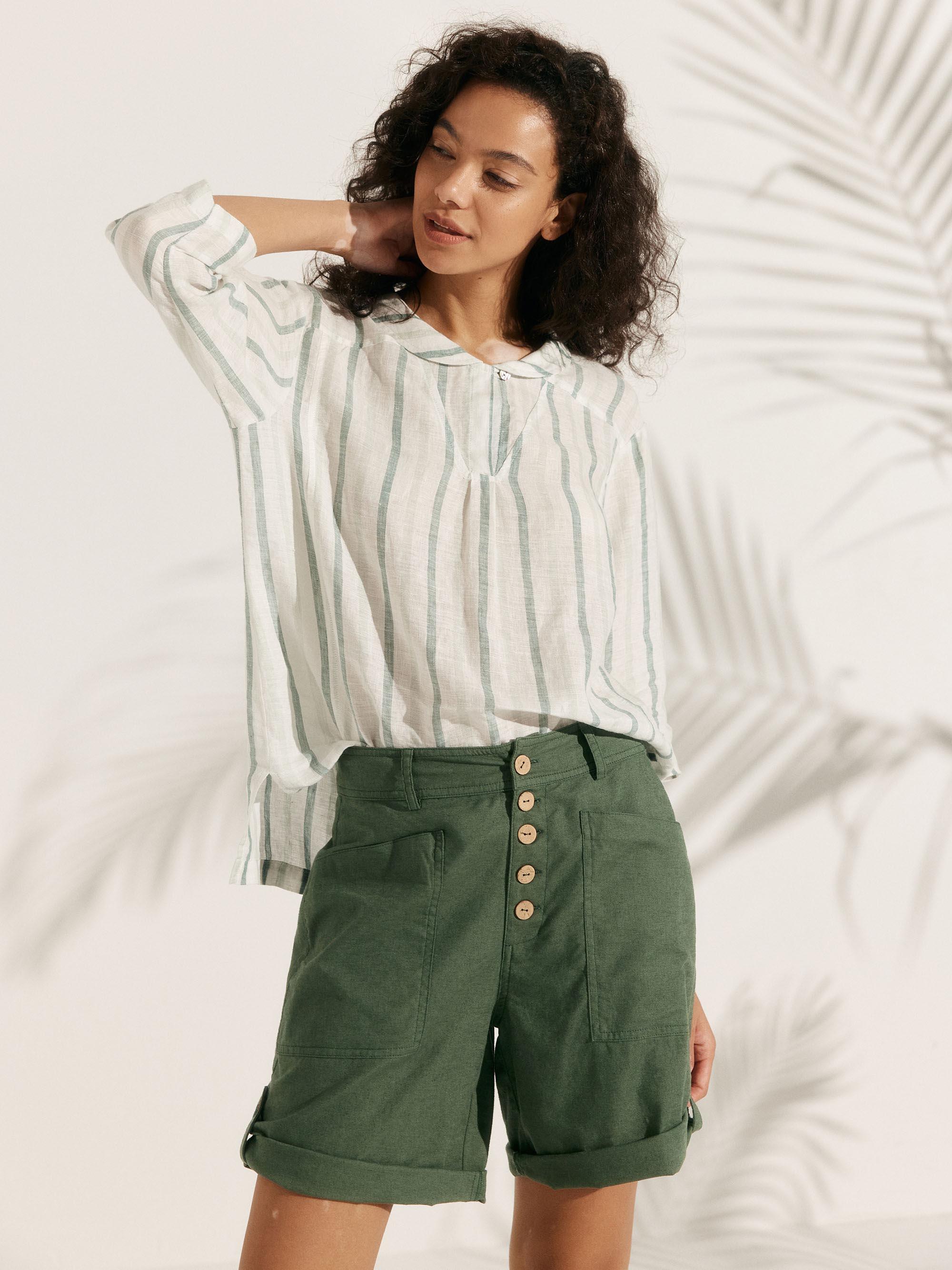 100% Linen Stripe Shawl V-Neck Half Sleeve Top by LINTICO