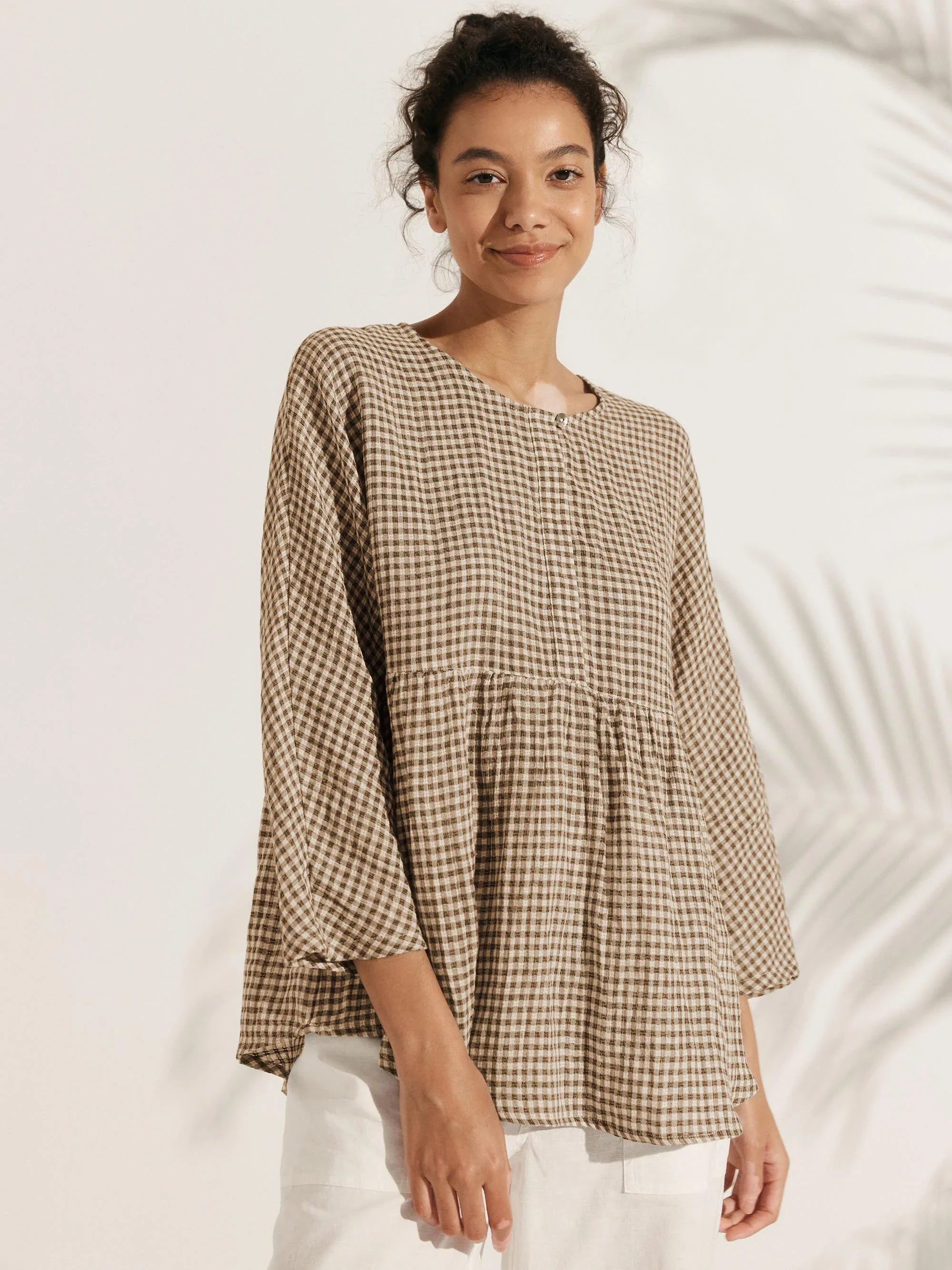 Linen Checked Long-Sleeved Top CAROLINE by LINTICO