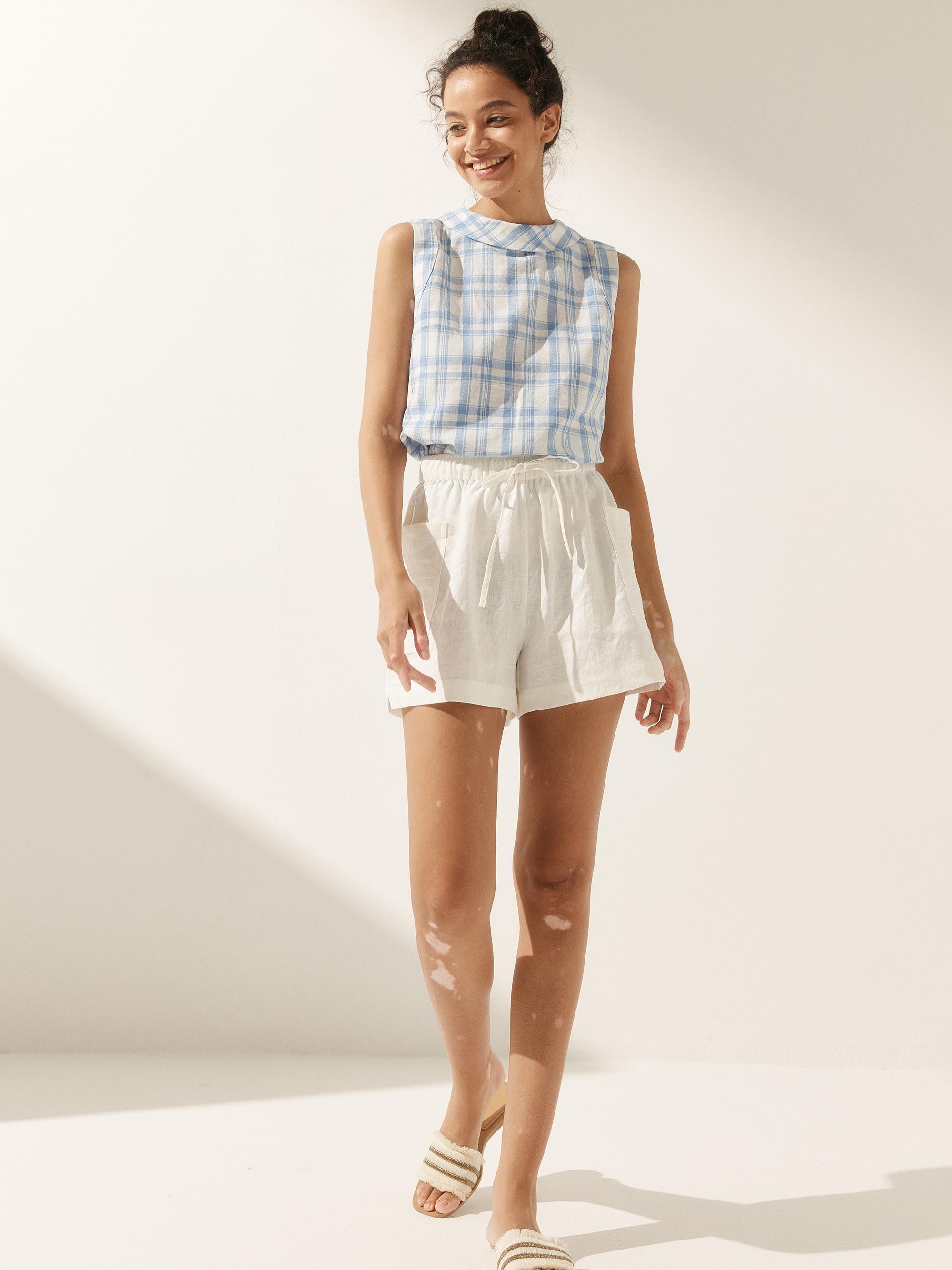 100% Linen Draped Collar Tank Top by LINTICO