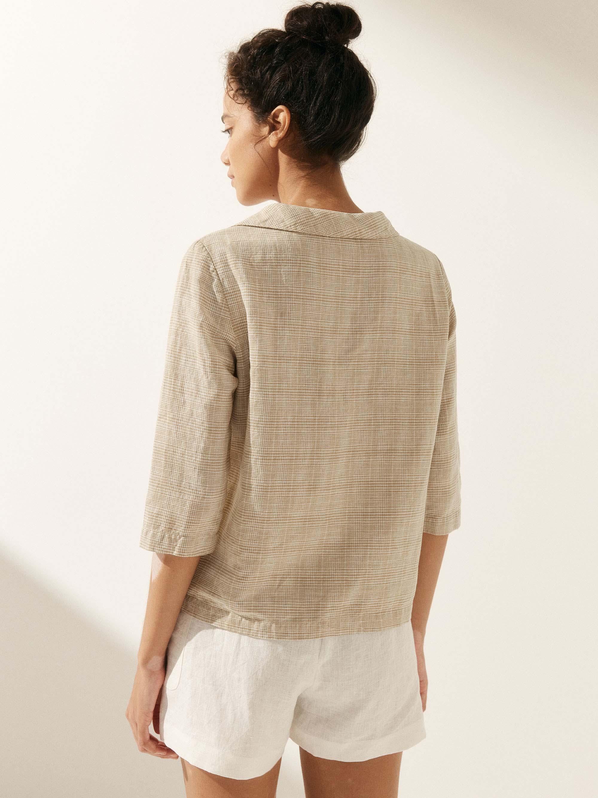Linen Gingham Checked Round Soft-Fold Collar Top LAURA by LINTICO