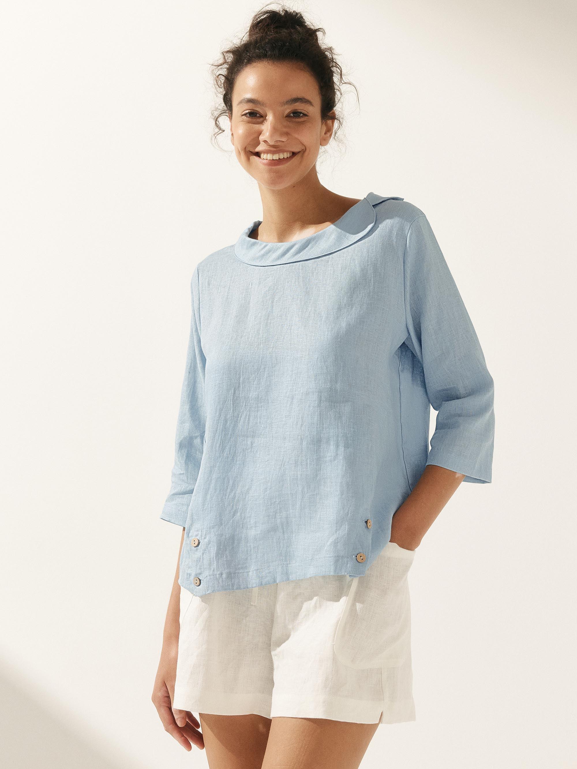 Linen Gingham Checked Round Soft-Fold Collar Top LAURA by LINTICO