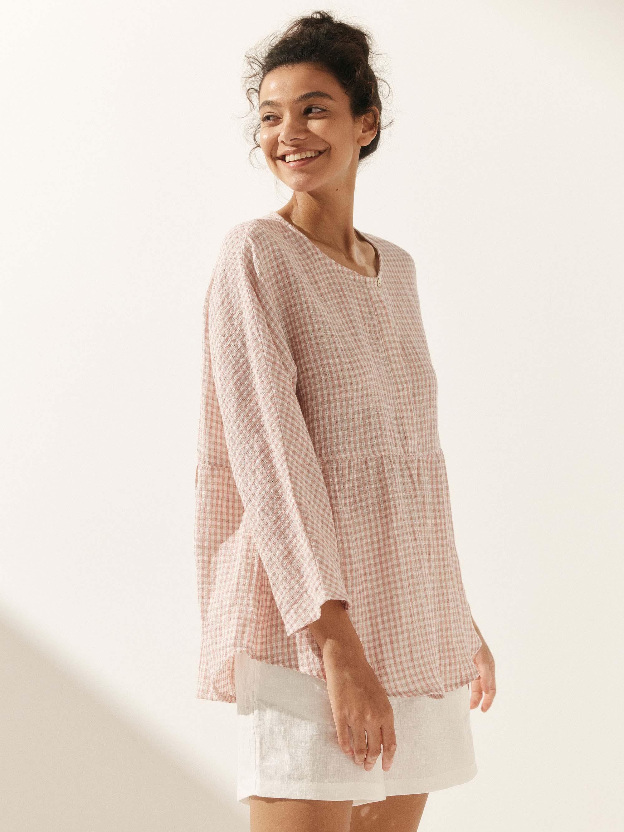 Linen Checked Long-Sleeved Top CAROLINE by LINTICO