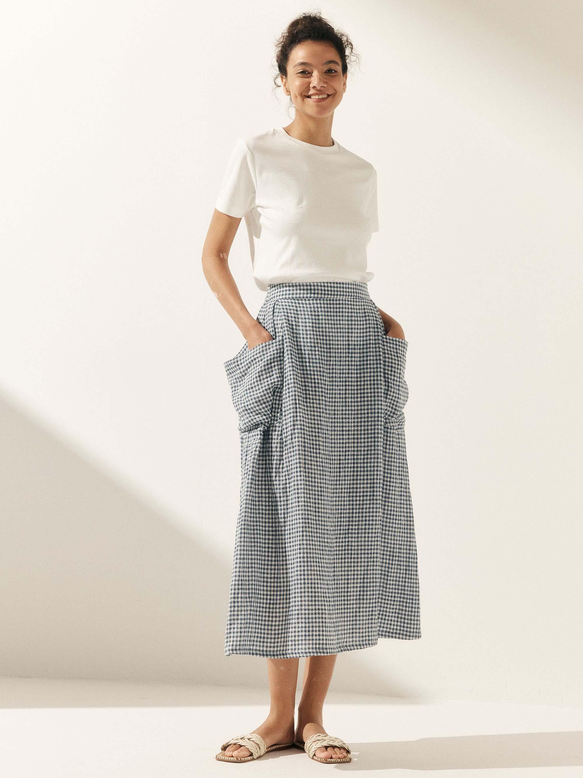 Linen Checked Elastic Waist Skirt MARINA