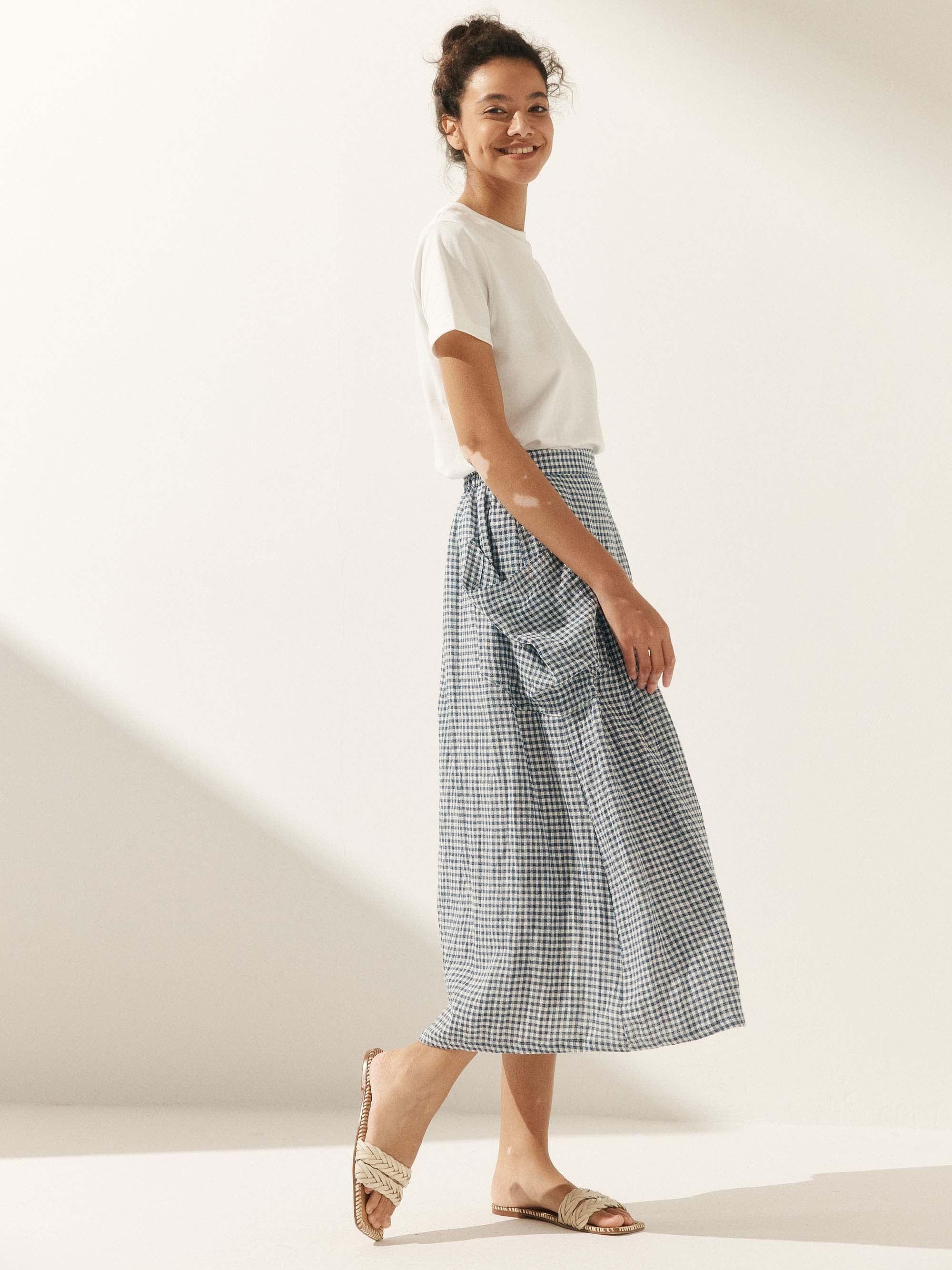 Linen Checked Elastic Waist Skirt MARINA