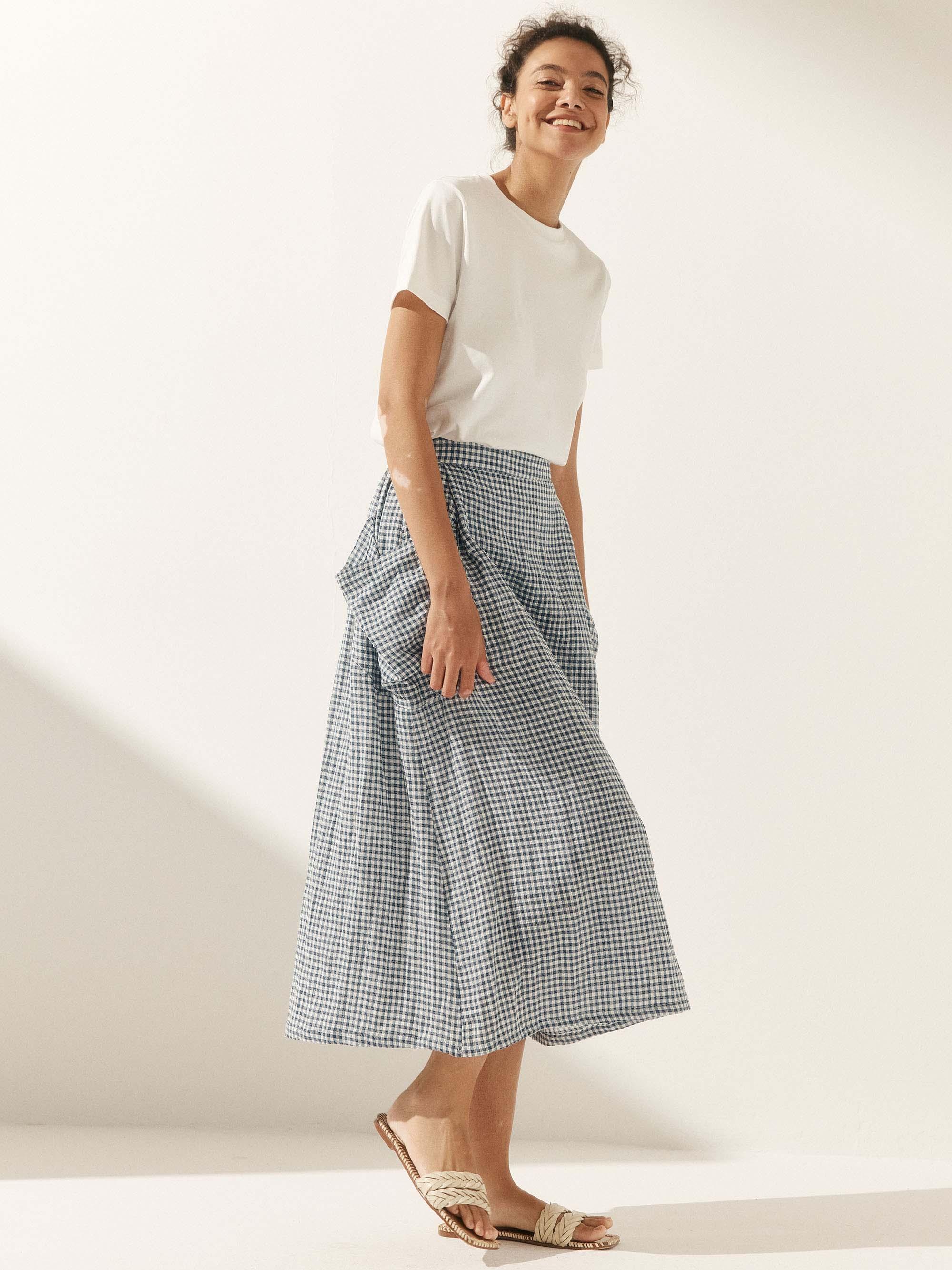 Linen Checked Elastic Waist Skirt MARINA