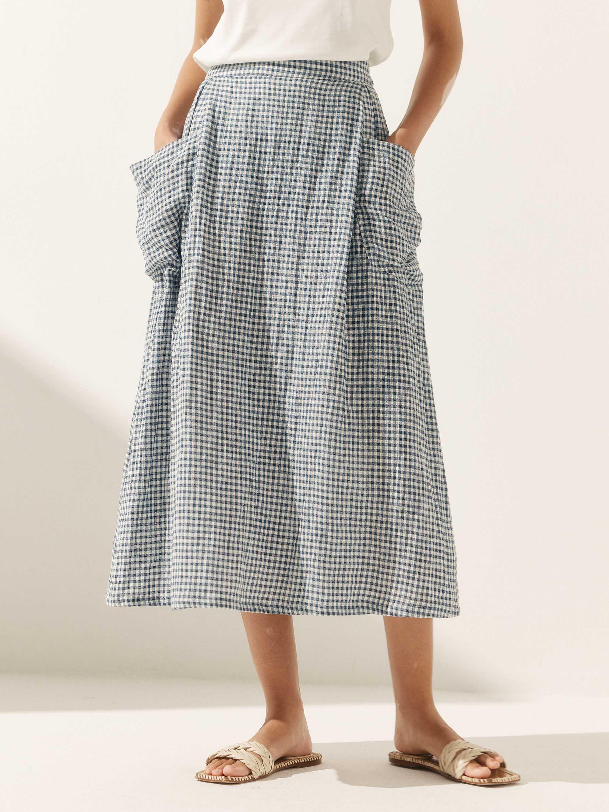 Linen Checked Elastic Waist Skirt ONYX by LINTICO