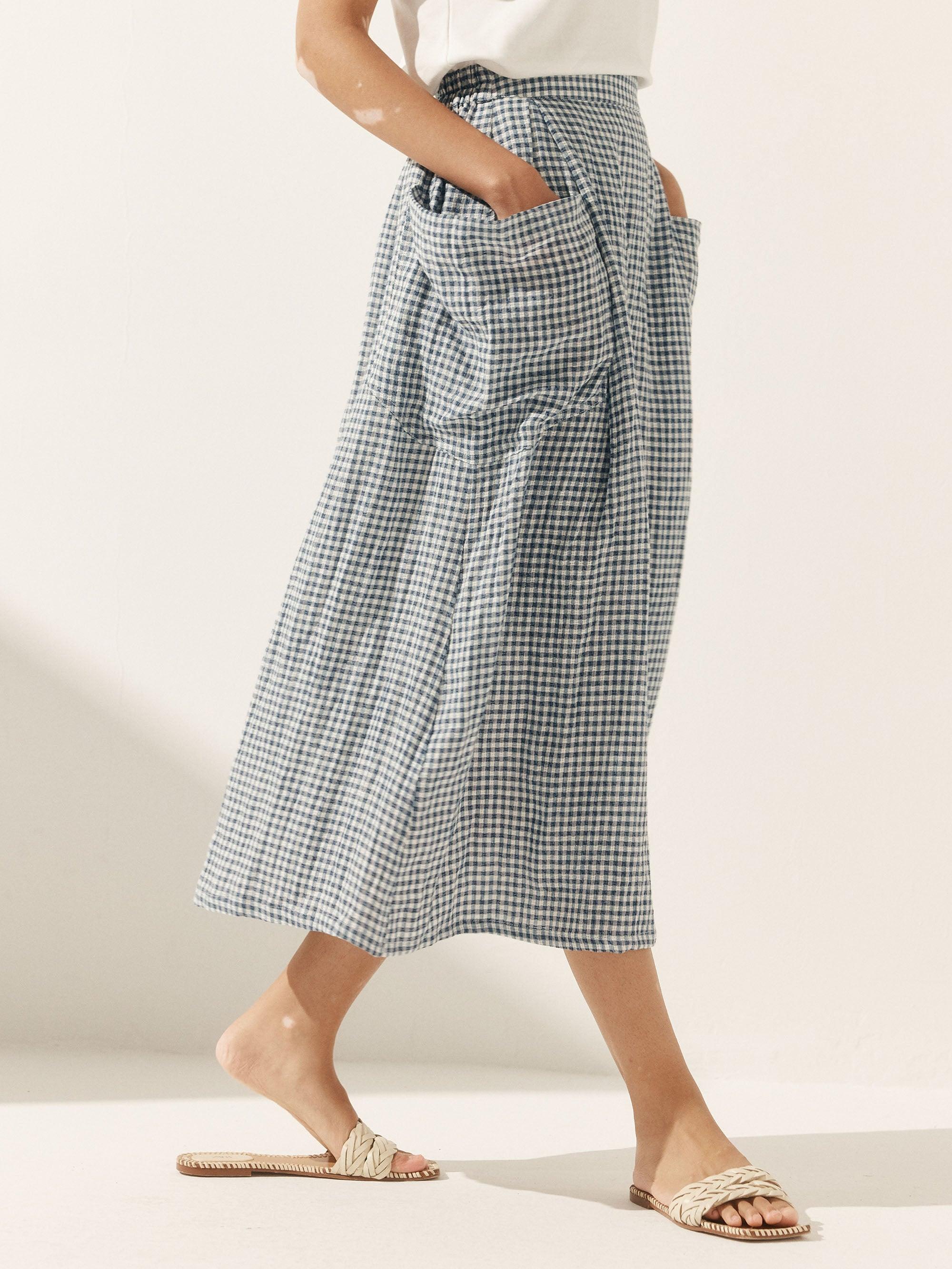 Linen Checked Elastic Waist Skirt MARINA