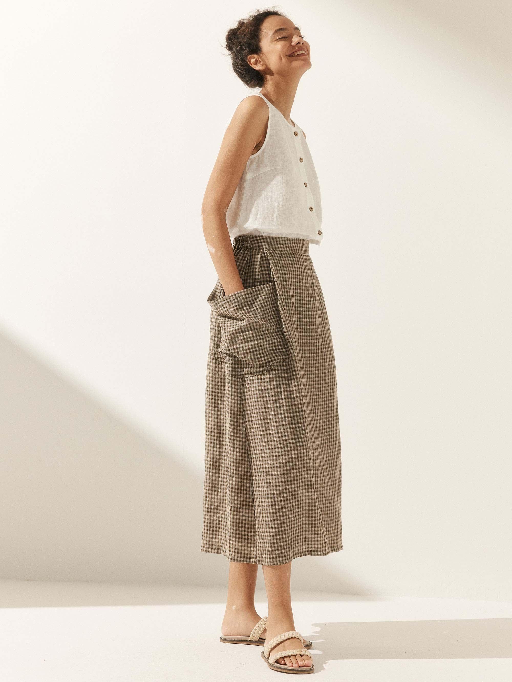Linen Checked Elastic Waist Skirt MARINA