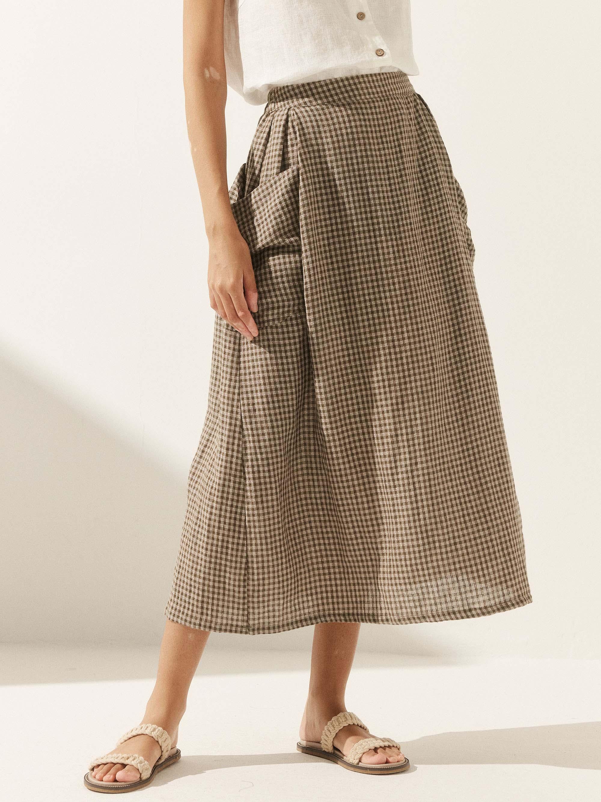 Linen Checked Elastic Waist Skirt ONYX by LINTICO