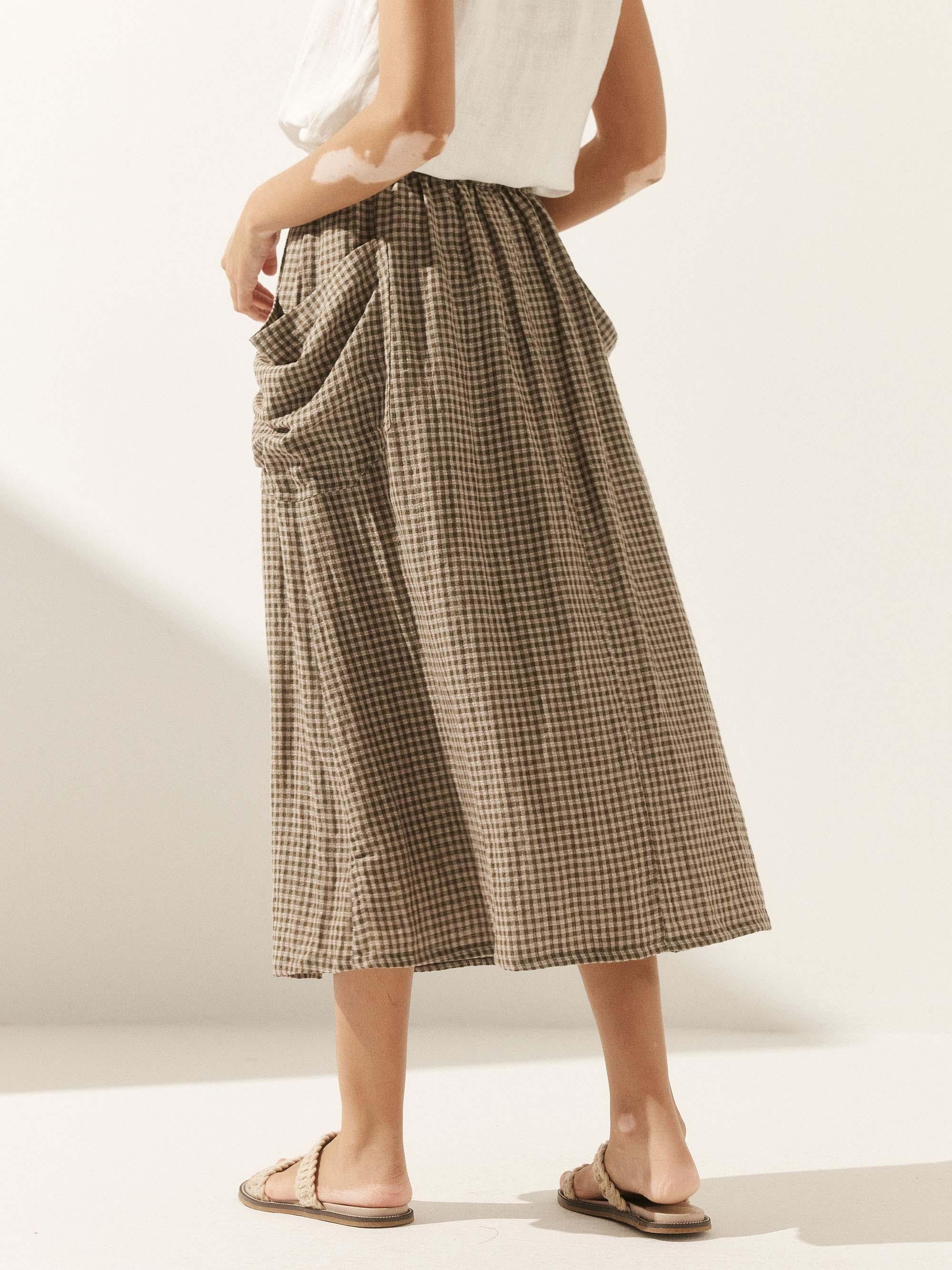 Linen Checked Elastic Waist Skirt MARINA
