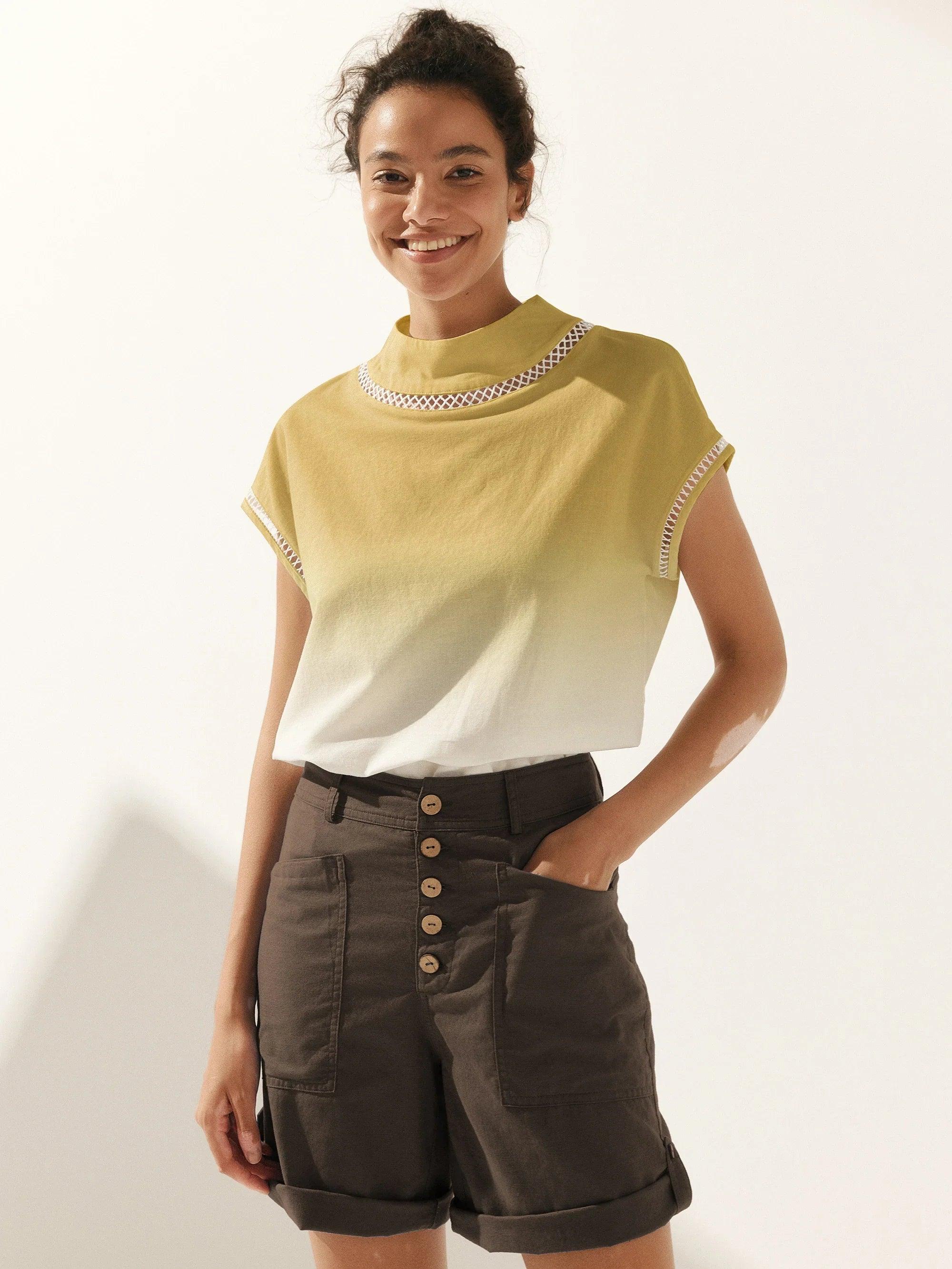 100% Linen Gingham Checked Cutout Turtleneck Top CAROL by LINTICO