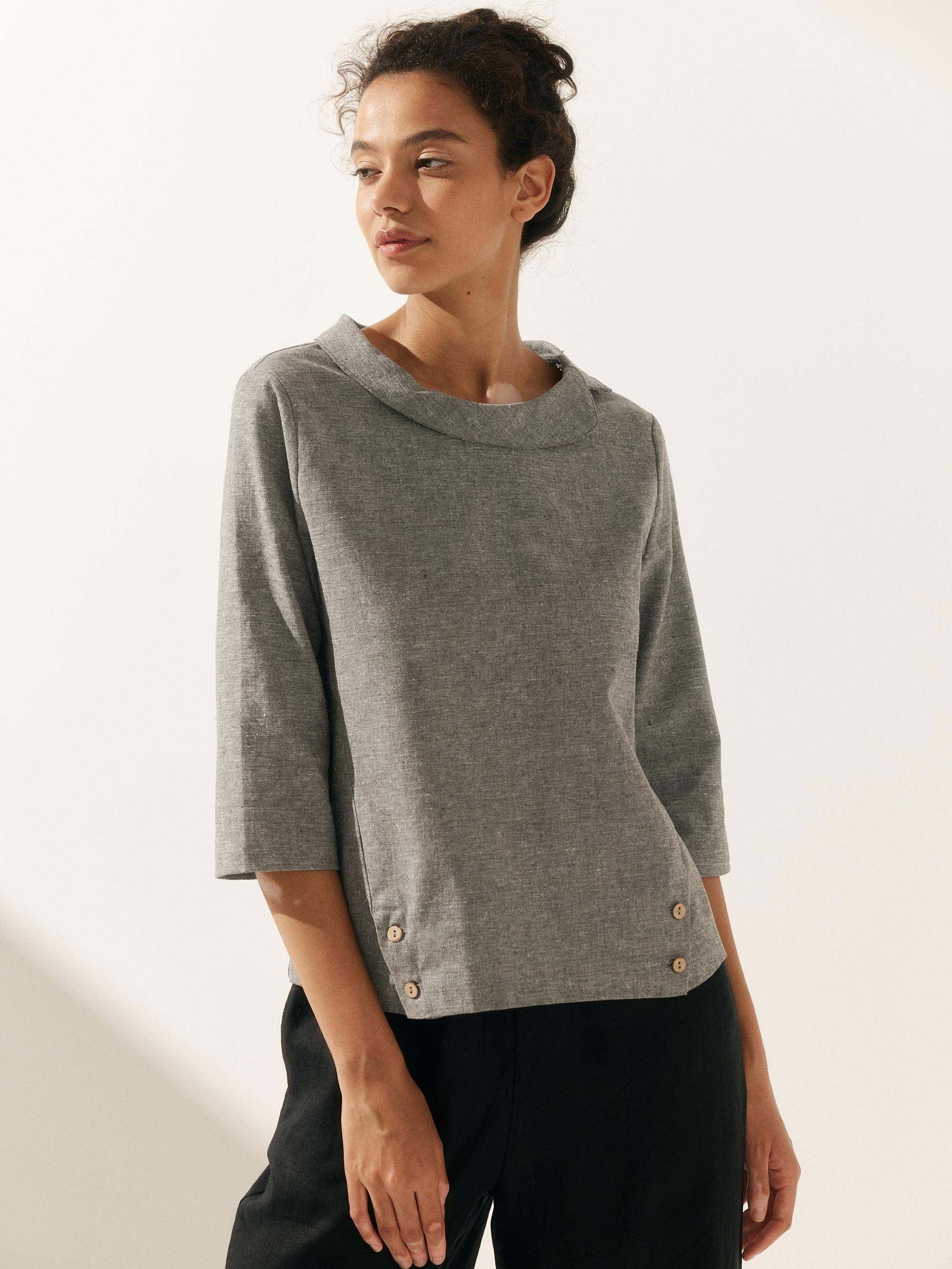 Linen Gingham Checked Round Soft-Fold Collar Top LAURA by LINTICO