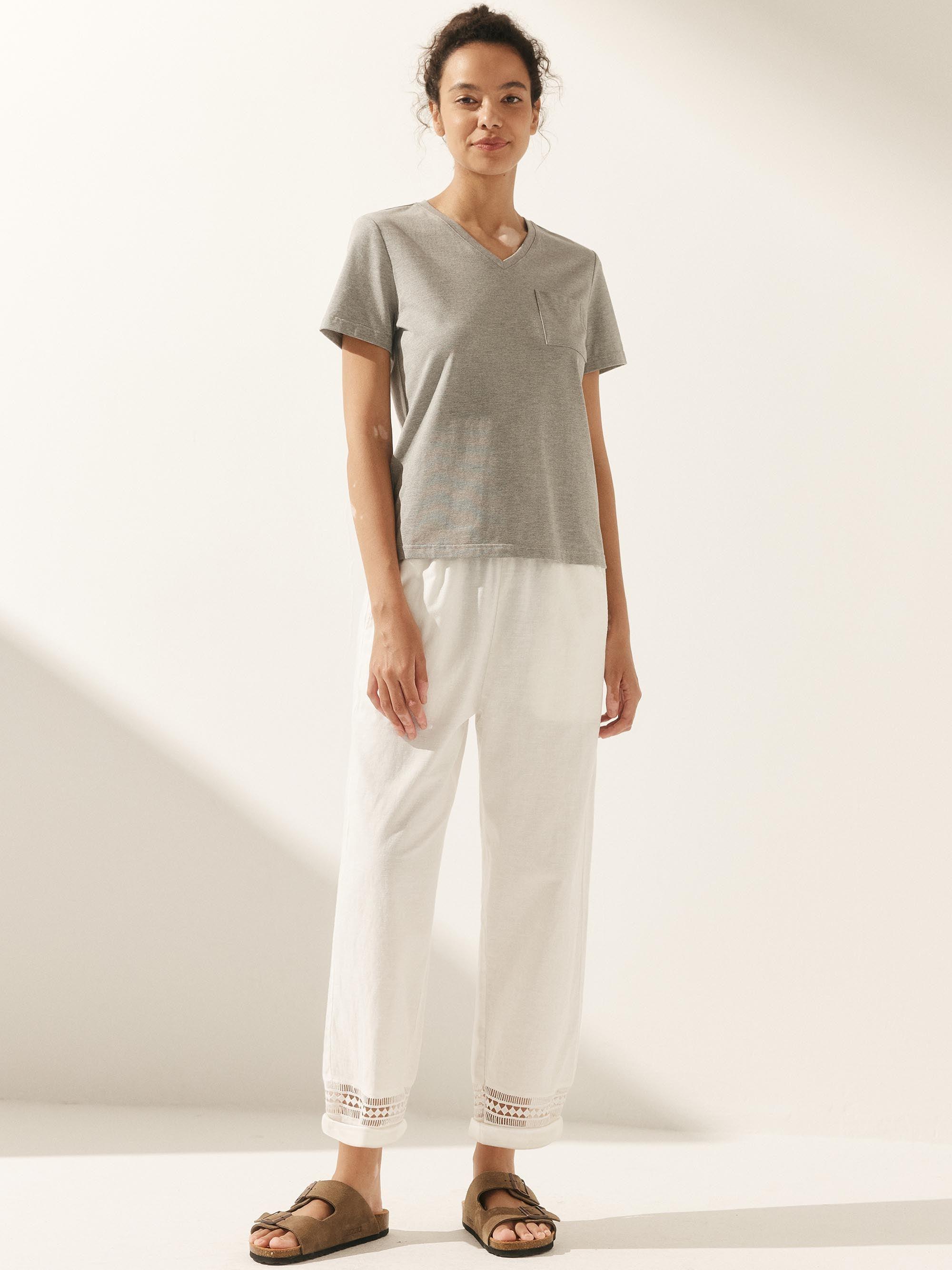 Linen Hollow Lace Stitching Elastic Waist Ankle Length Pants RITA DestGlow