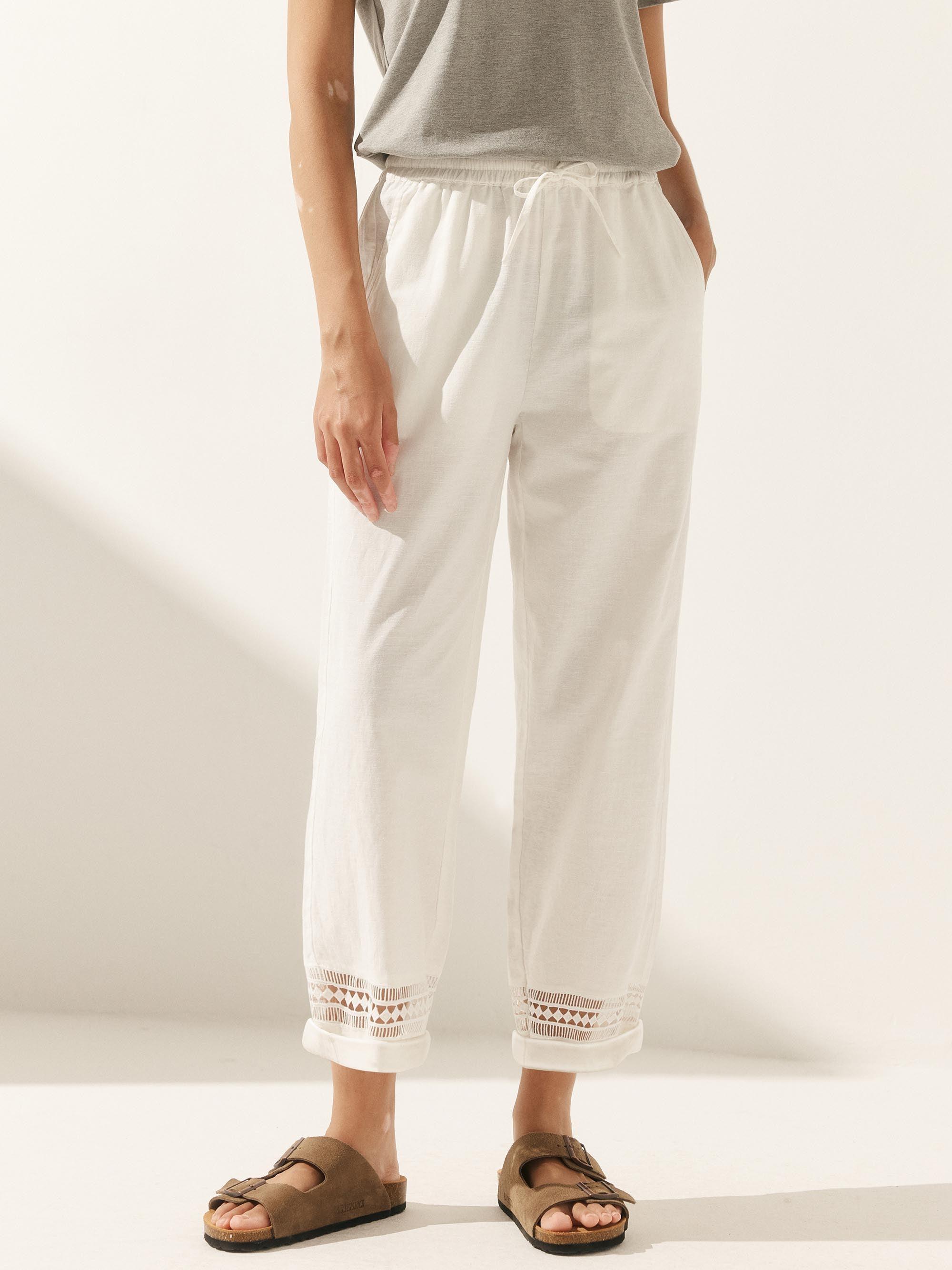 Linen Hollow Lace Stitching Elastic Waist Ankle Length Pants RITA DestGlow