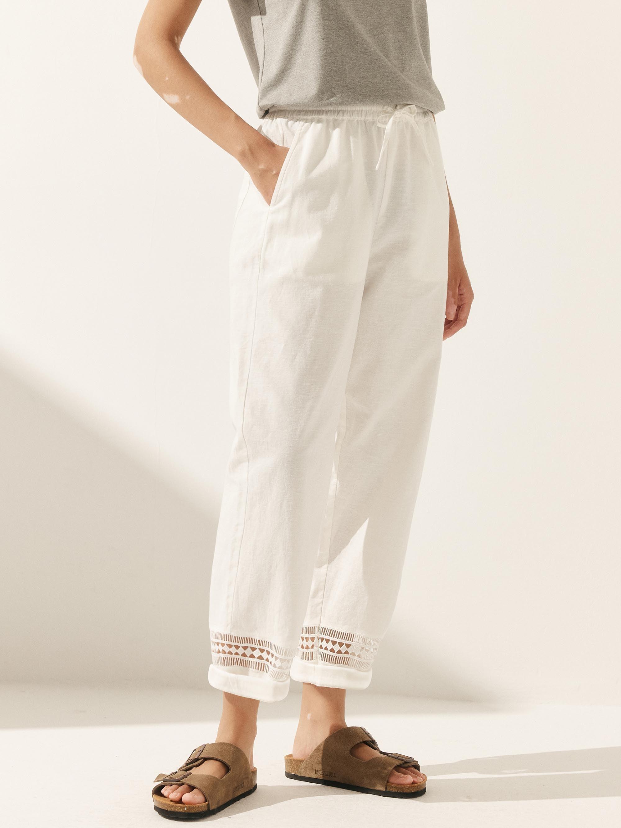 Linen Hollow Lace Stitching Elastic Waist Ankle Length Pants RITA DestGlow