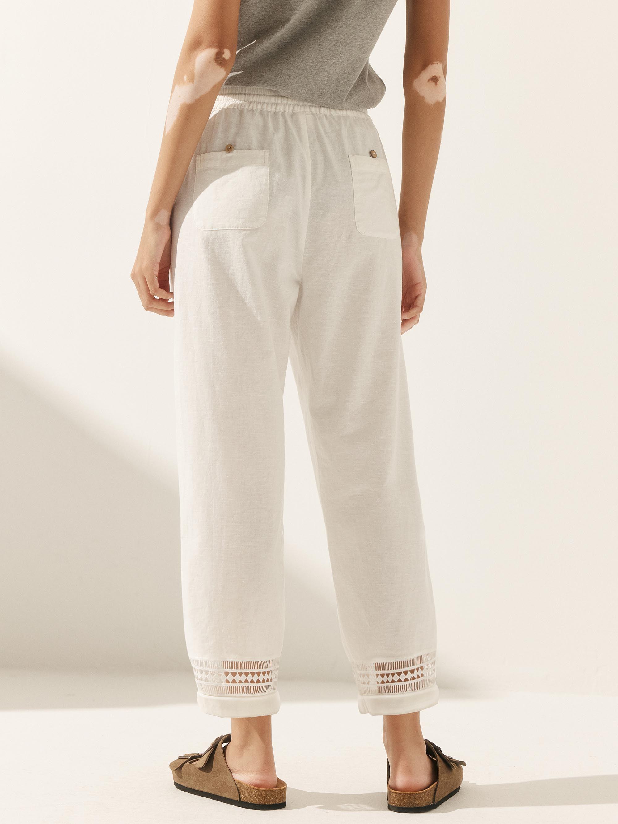 Linen Hollow Lace Stitching Elastic Waist Ankle Length Pants RITA DestGlow