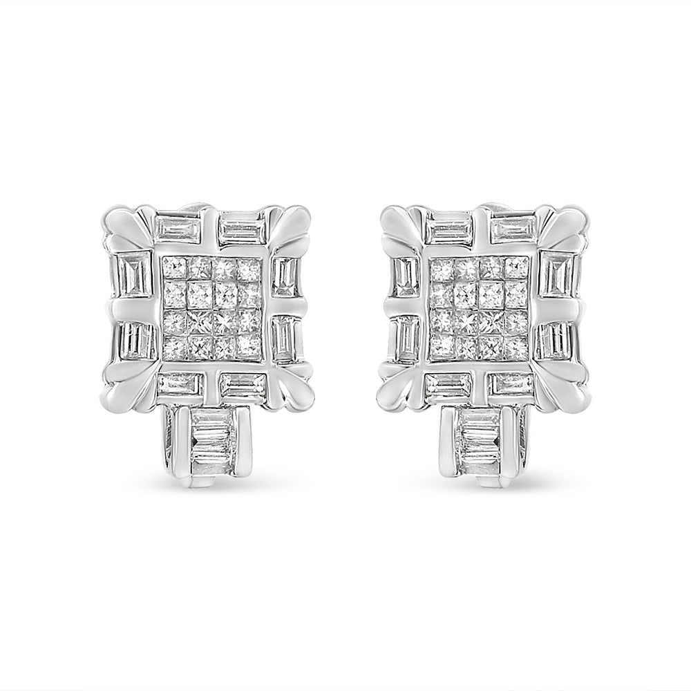 14K White Gold 1.0 Cttw Princess and Baguette-Cut Diamond Square Framed Huggie Hoop Omega Earrings (H-I Color, SI1-SI2 Clarity) by Bids.com