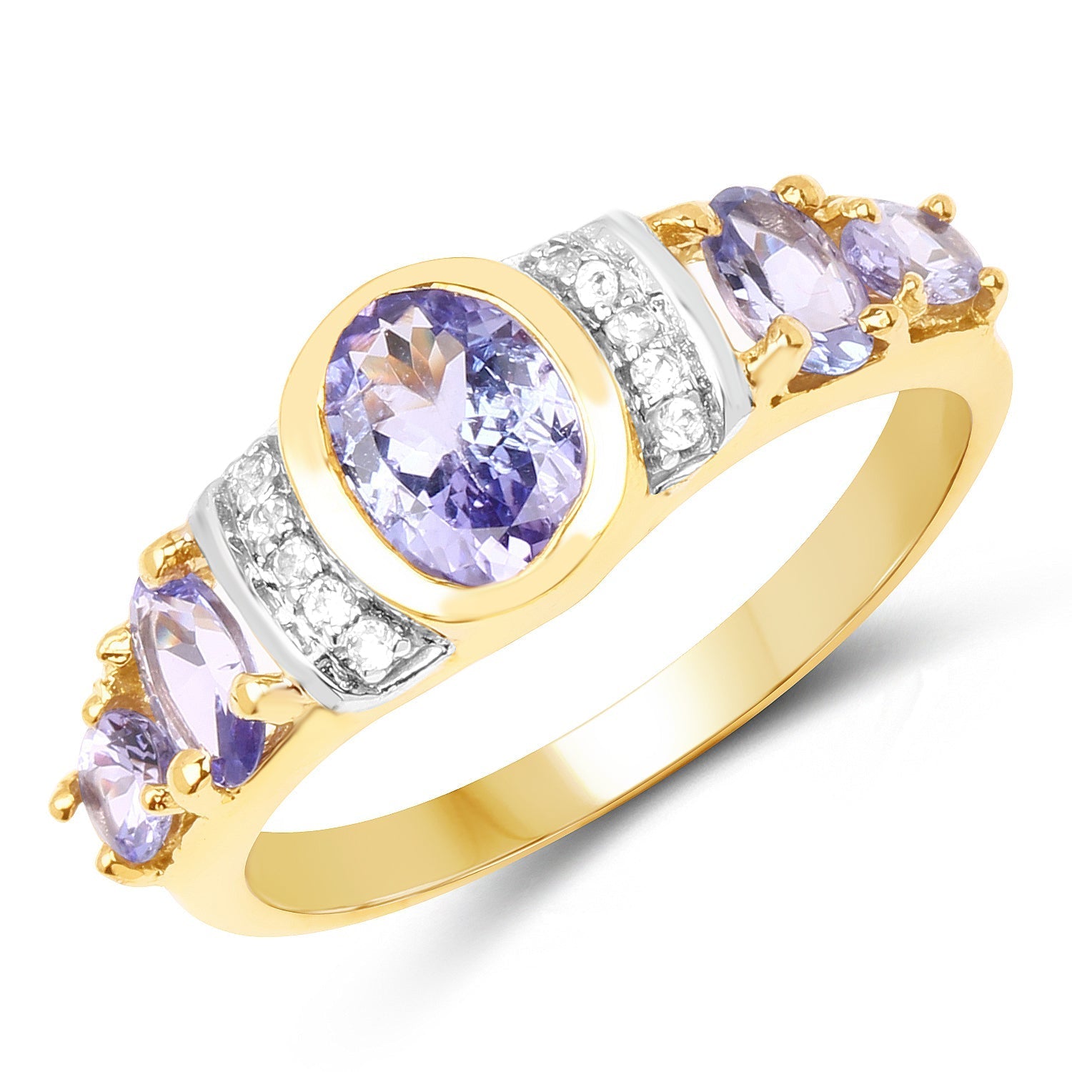 14K Yellow Gold Plated 1.64 Carat Genuine Tanzanite & White Topaz .925 Sterling Silver Ring DestGlow