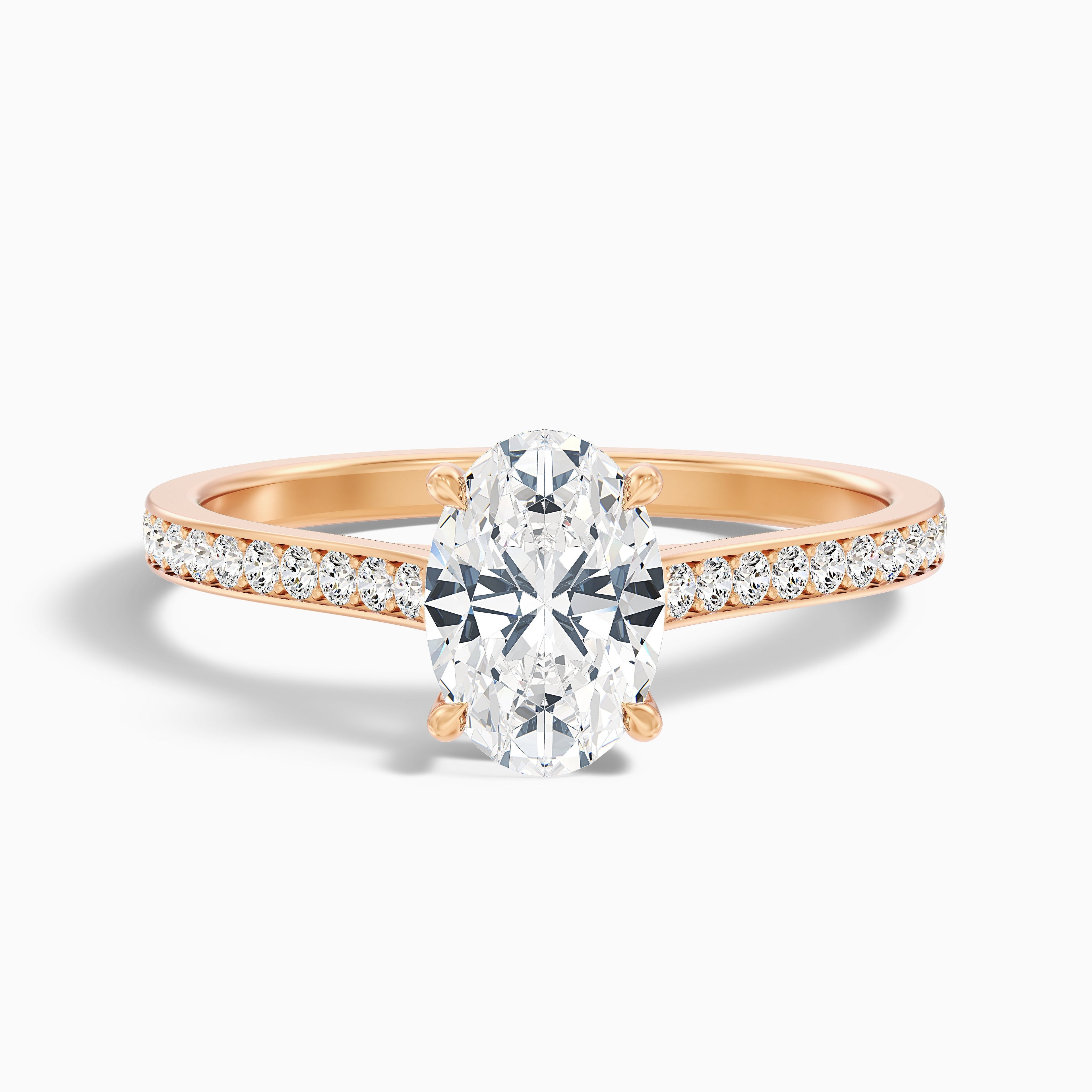 Dallas 1.5 Carat Oval Cut Side Stone Pave Moissanite Diamond Ring in 18k Rose Gold