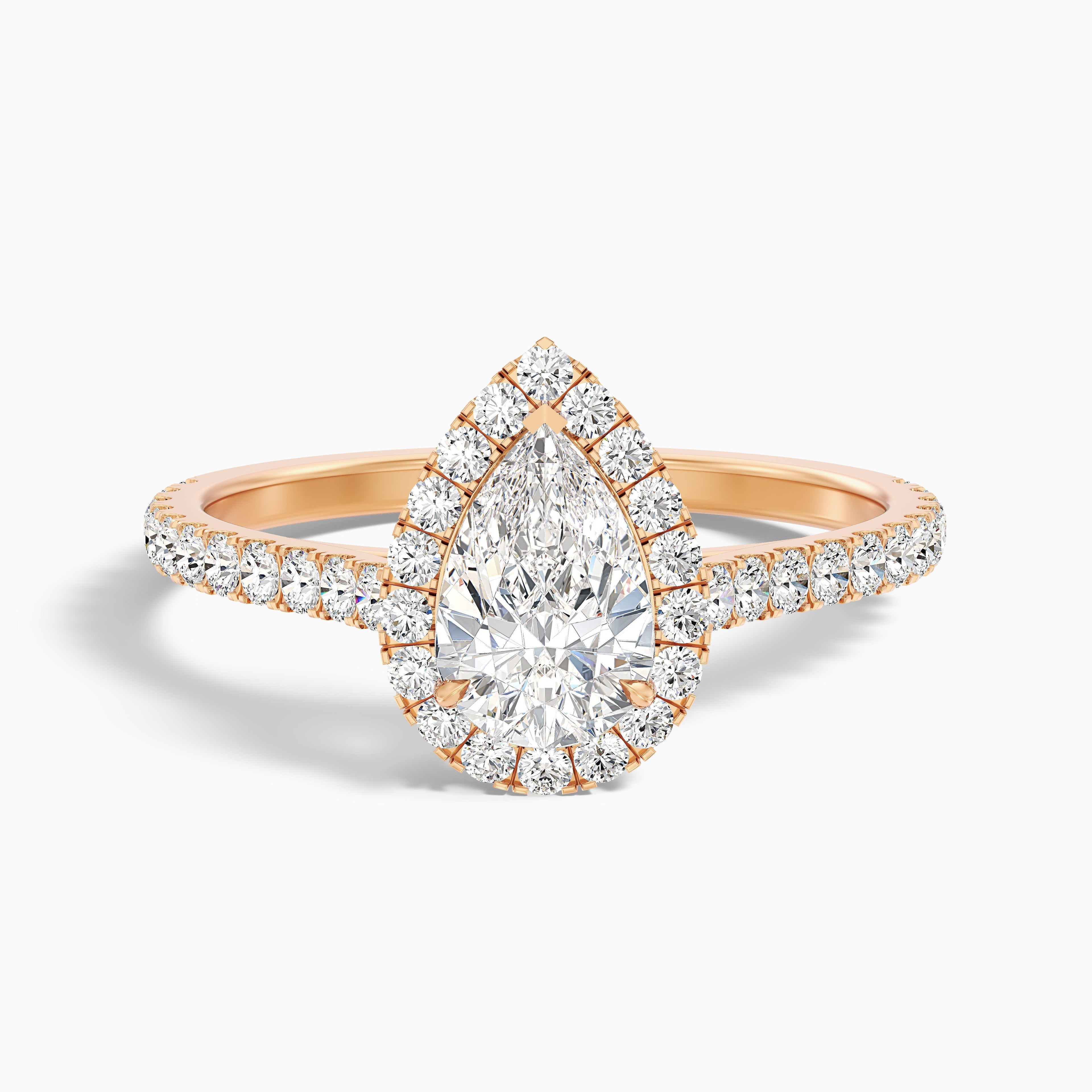 Cindy 1.5 Carat Pear Shaped Halo Moissanite Diamond Ring in 18k Rose Gold