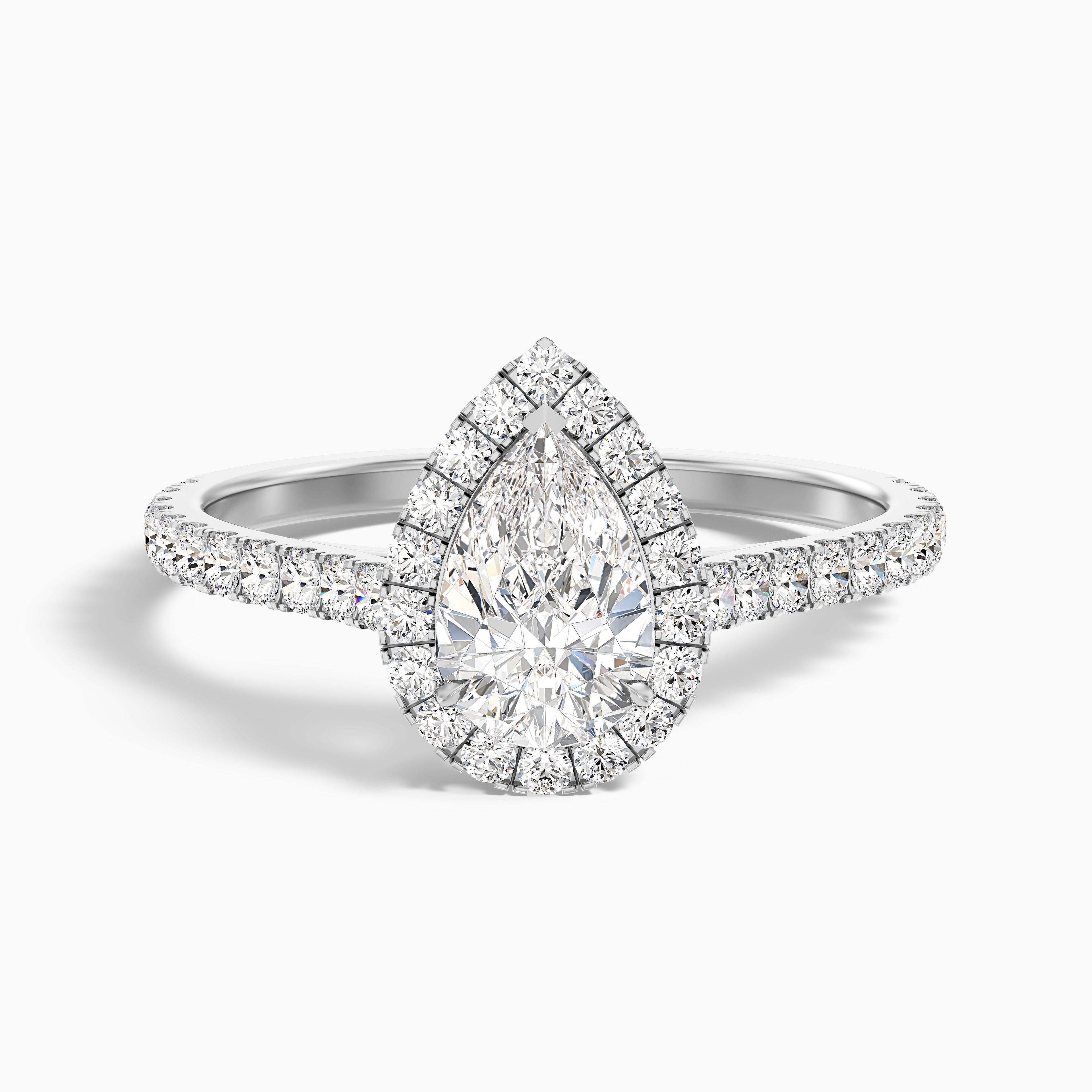 Emie 7 Carat Pear Shaped Halo Moissanite Diamond Ring in 14k White Gold