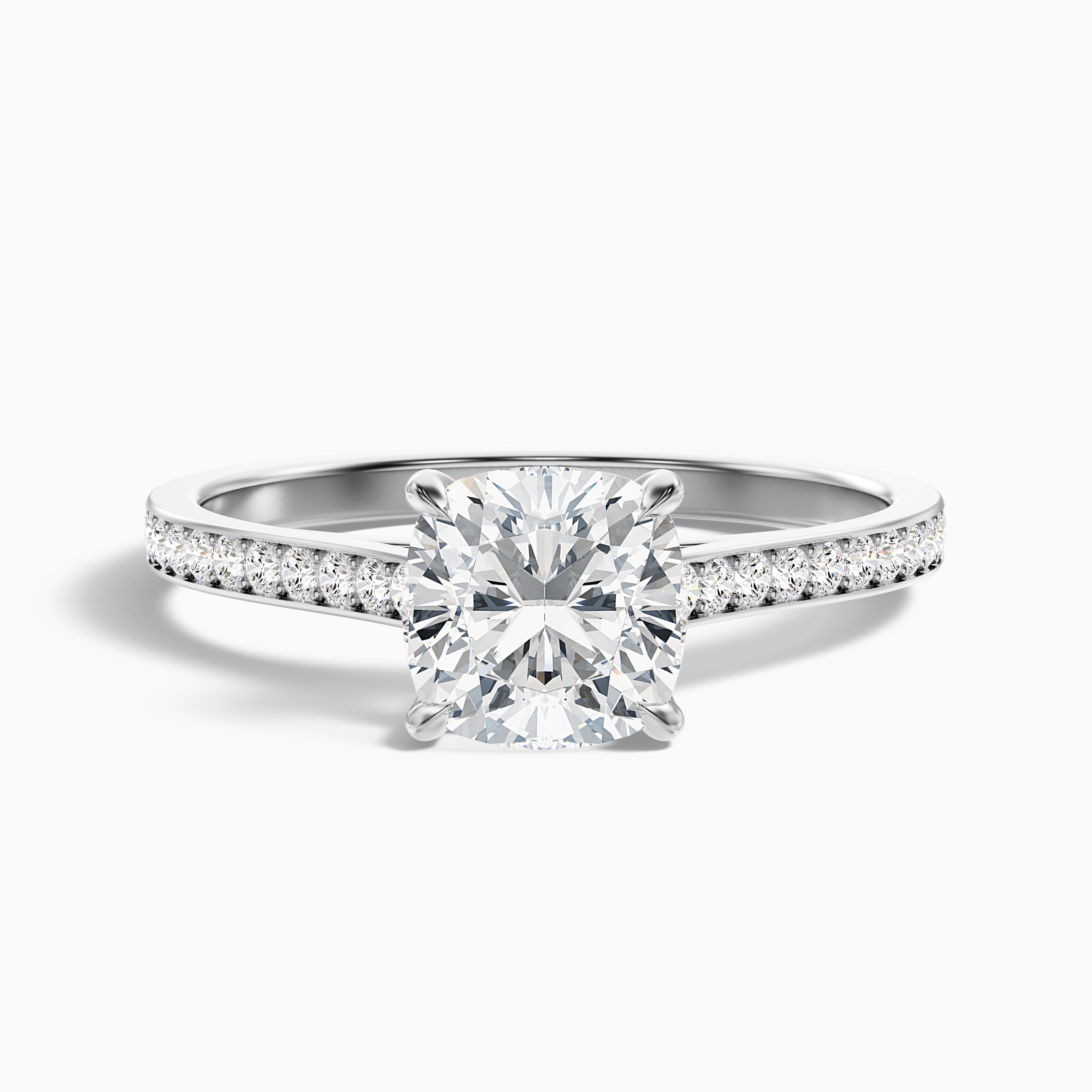Eva 4 Carat Cushion Cut Side Stone Pave Lab Grown Engagement Ring in 14k Yellow Gold DestGlow