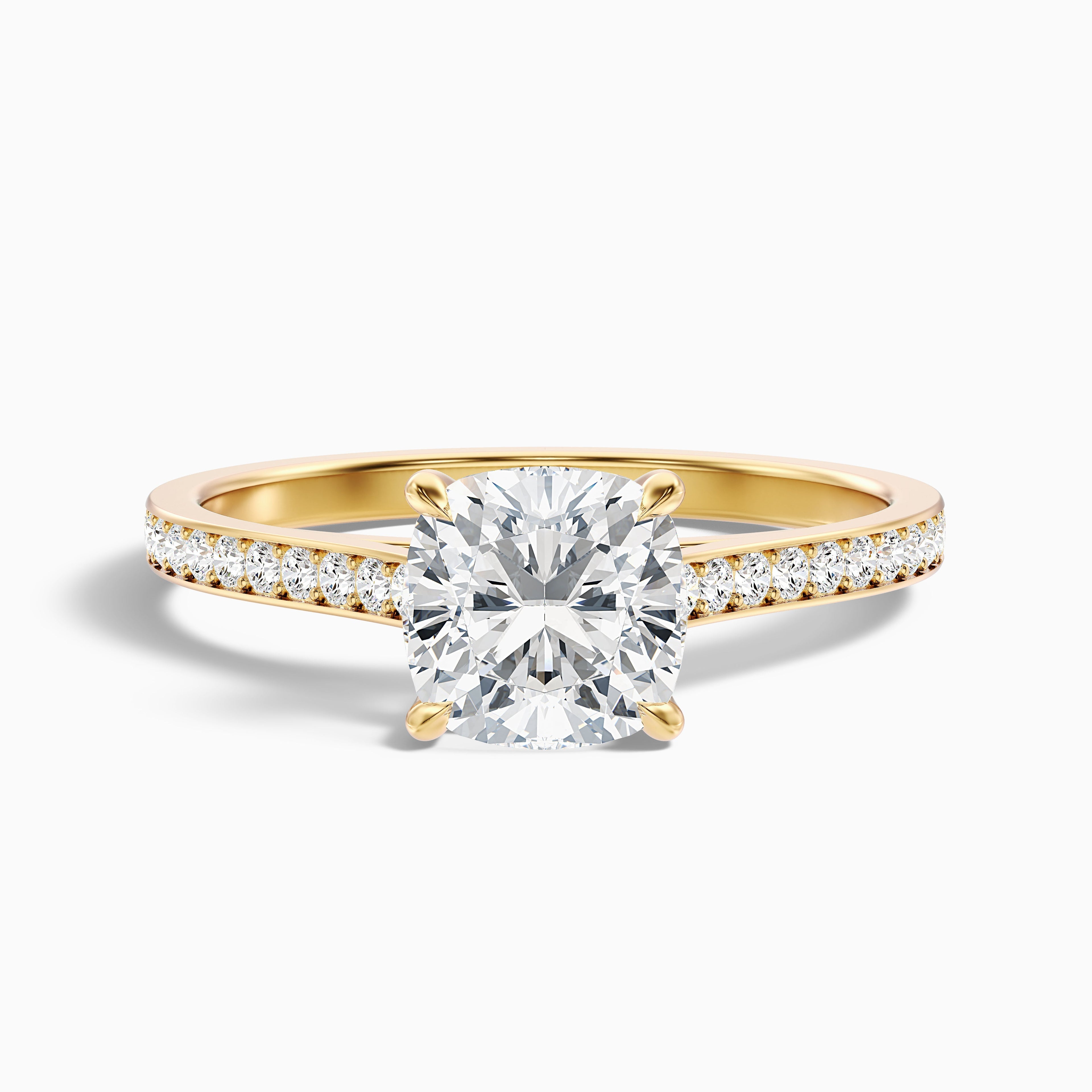 Eva 4 Carat Cushion Cut Side Stone Pave Lab Grown Engagement Ring in 18k Yellow Gold