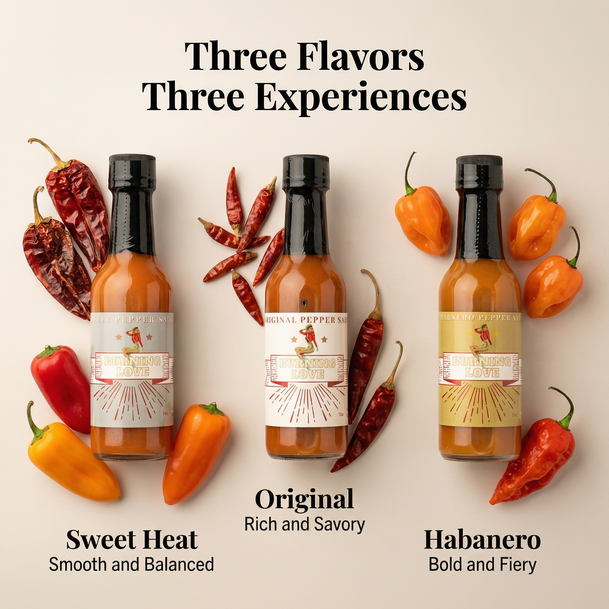 Hot Sauce 3-Pack Gift Set - Original, Habanero & Sweet Heat | Small Batch Restaurant Made | Lady May by The Lady May