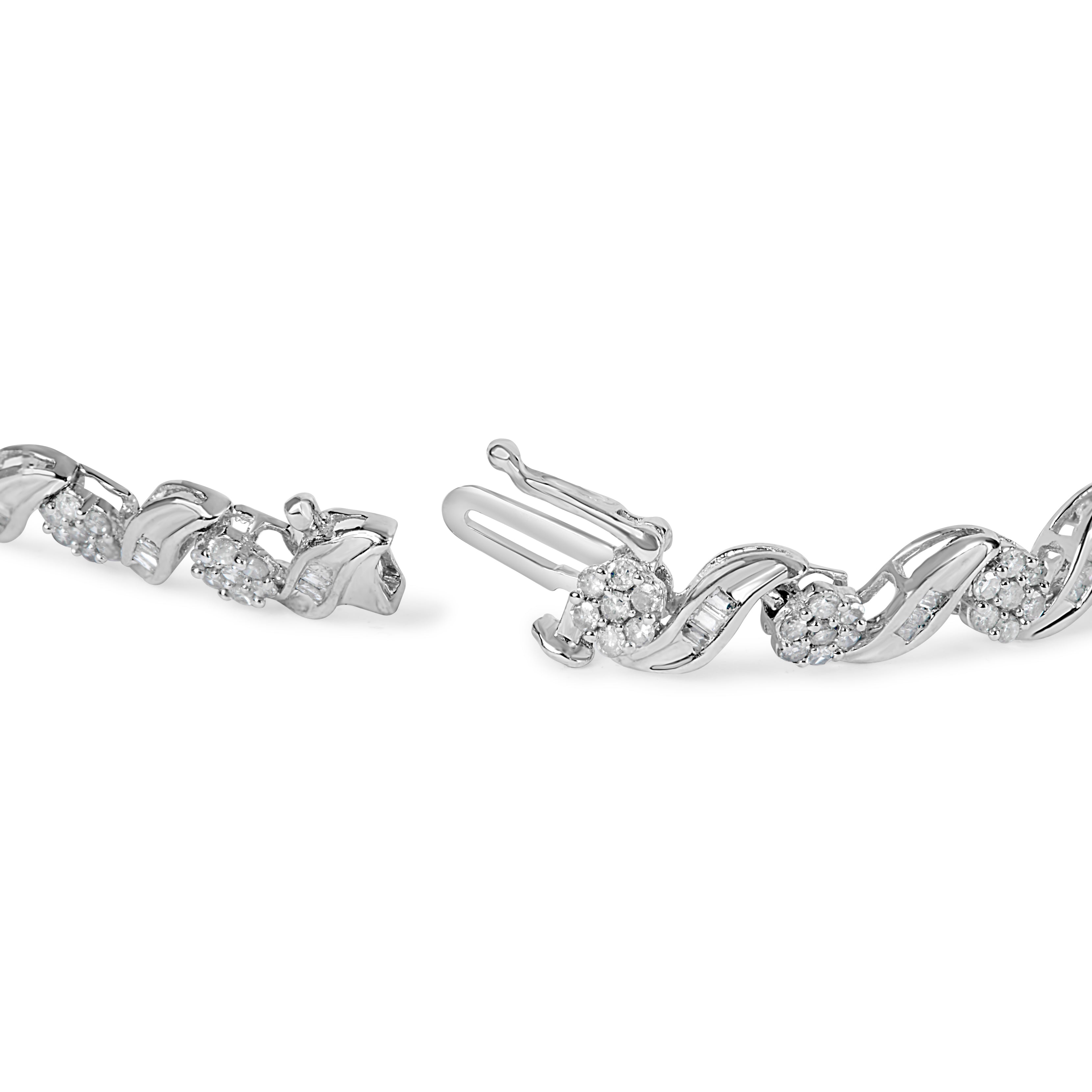 10K White Gold 2.00 Cttw Round-Cut and Baguette-Cut Diamond Floral Design Swirl Link 7" Bracelet (I-J Color, I1-I2 Clarity) by Bids.com