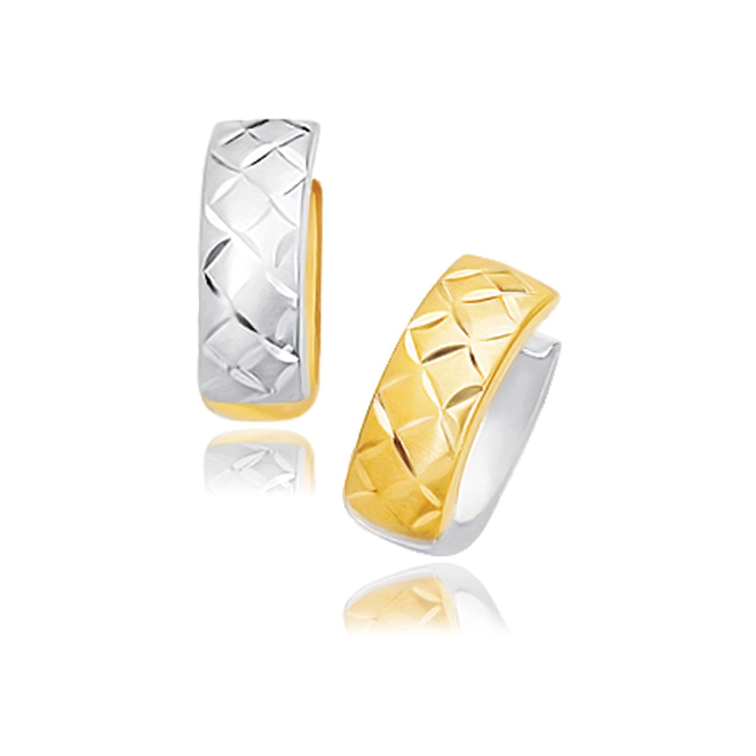 14k Two-Tone Gold Reversible Quilted Hinged Hoop Huggie Earrings by Bids.com