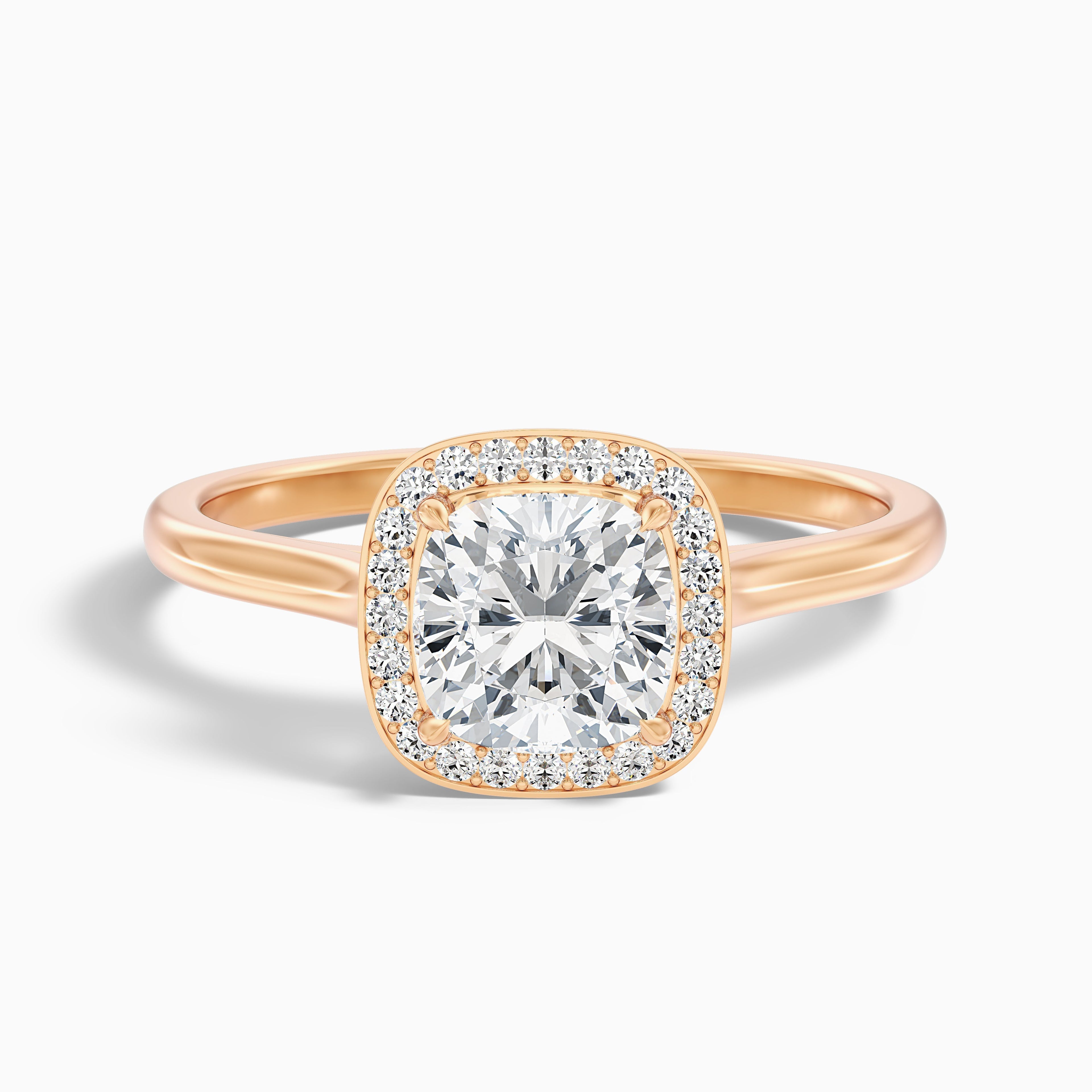 Jeri 3 Carat Cushion Cut Halo Moissanite Engagement Ring in 14k Rose Gold DestGlow