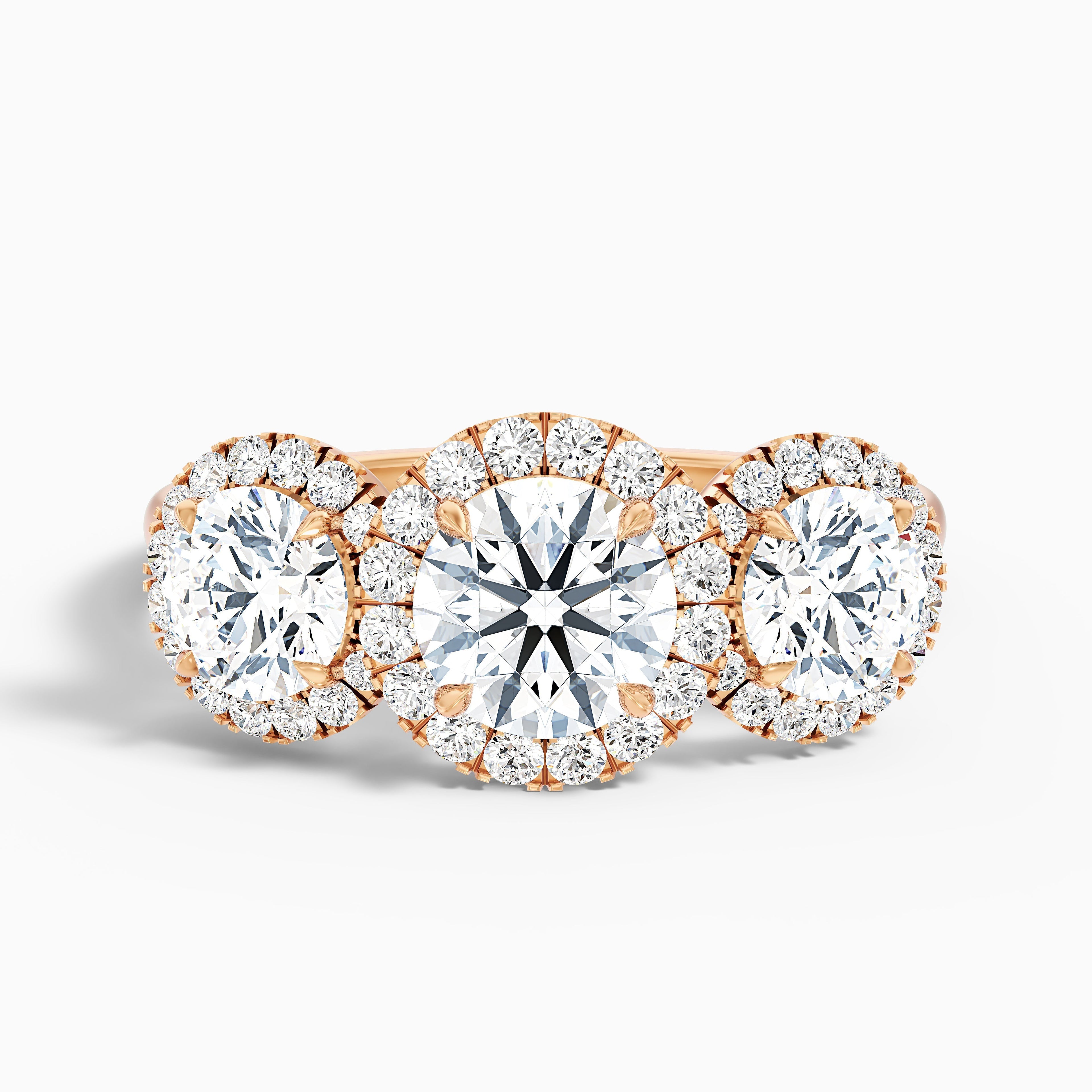 Flora 1 Carat Three Stone Round Halo Lab Grown Diamond Ring in 18k Yellow Gold DestGlow