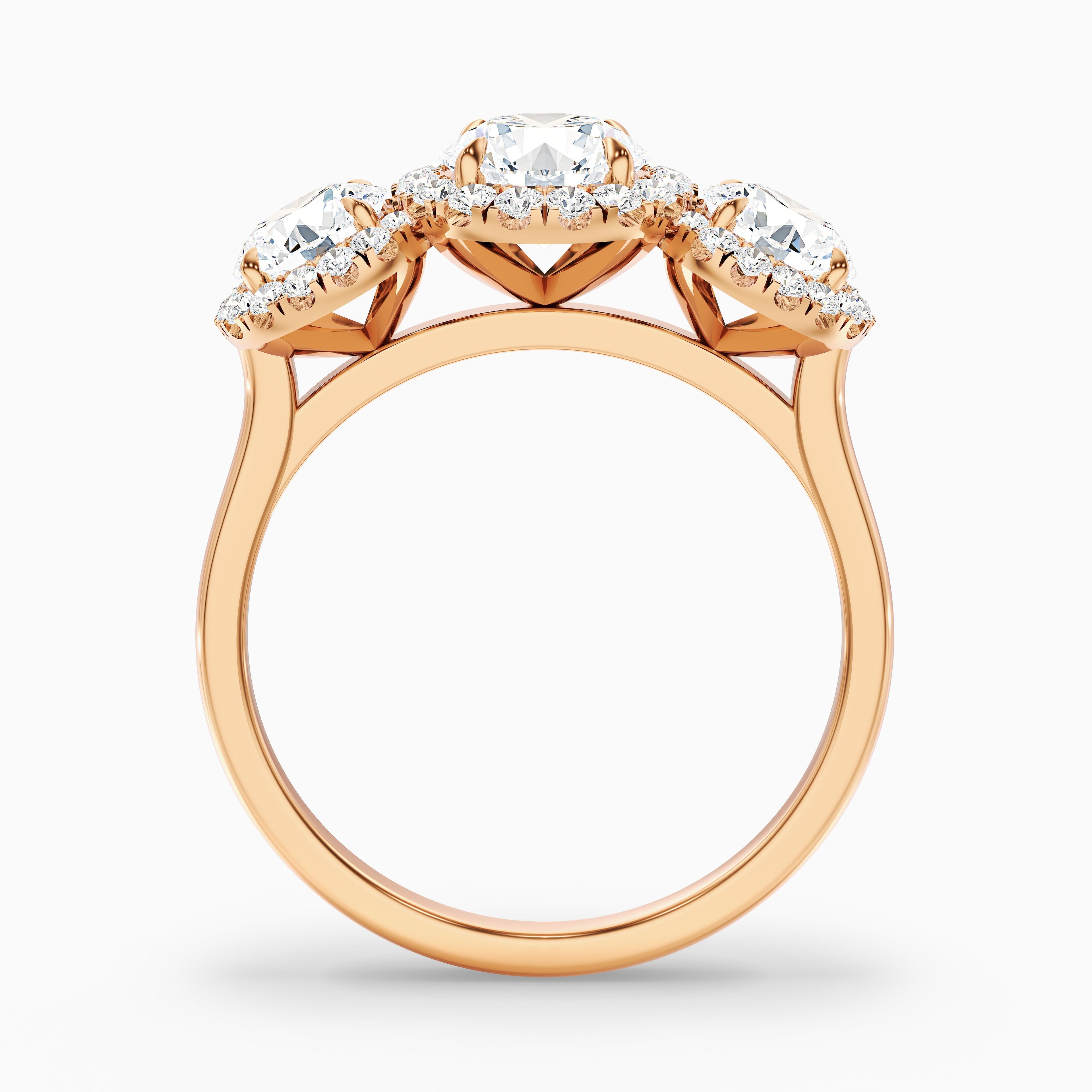 Dara 7 Carat Three Stone Round Halo Moissanite Engagement Ring in 10k Rose Gold