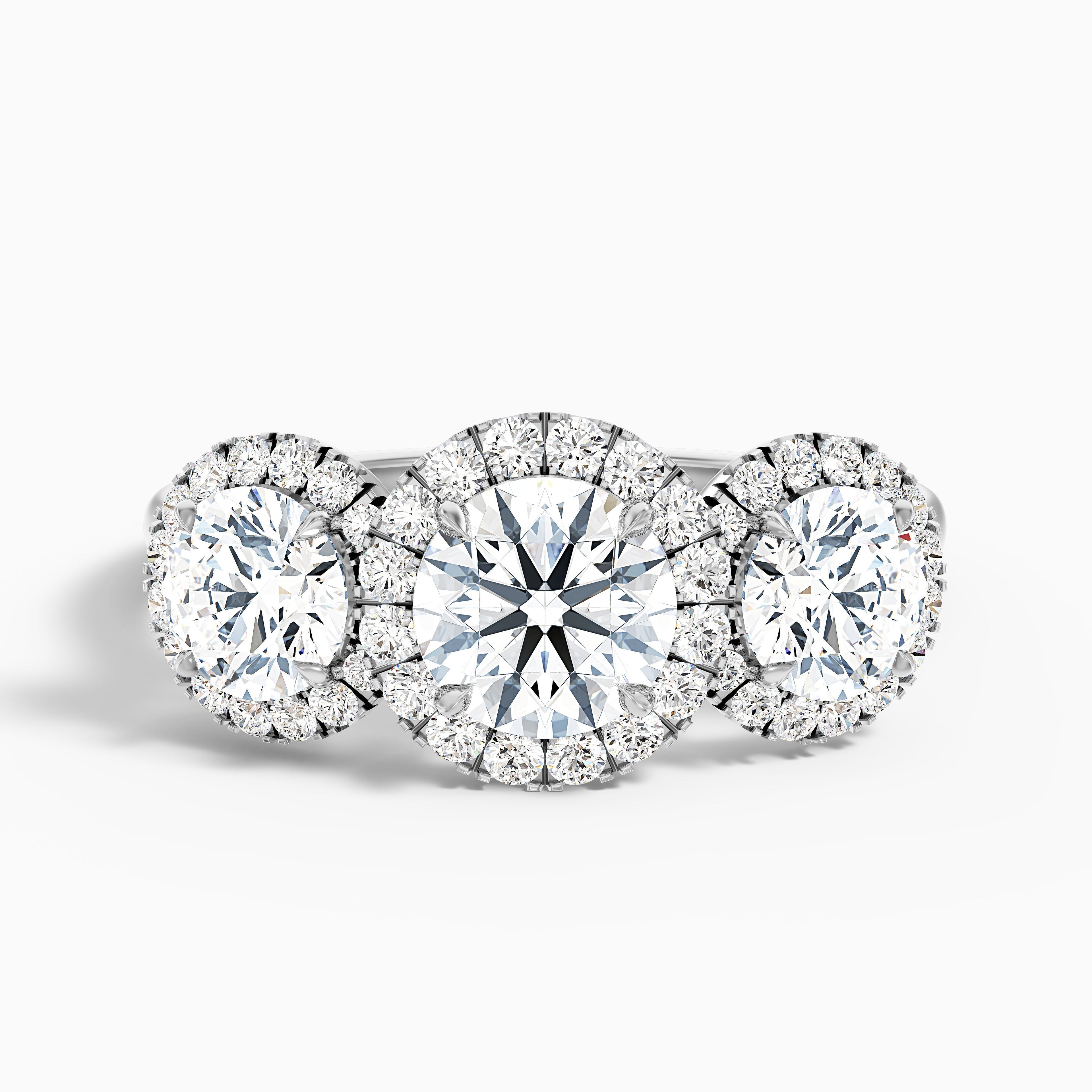 Emma 3 Carat Three Stone Round Halo Moissanite Engagement Ring in Platinum