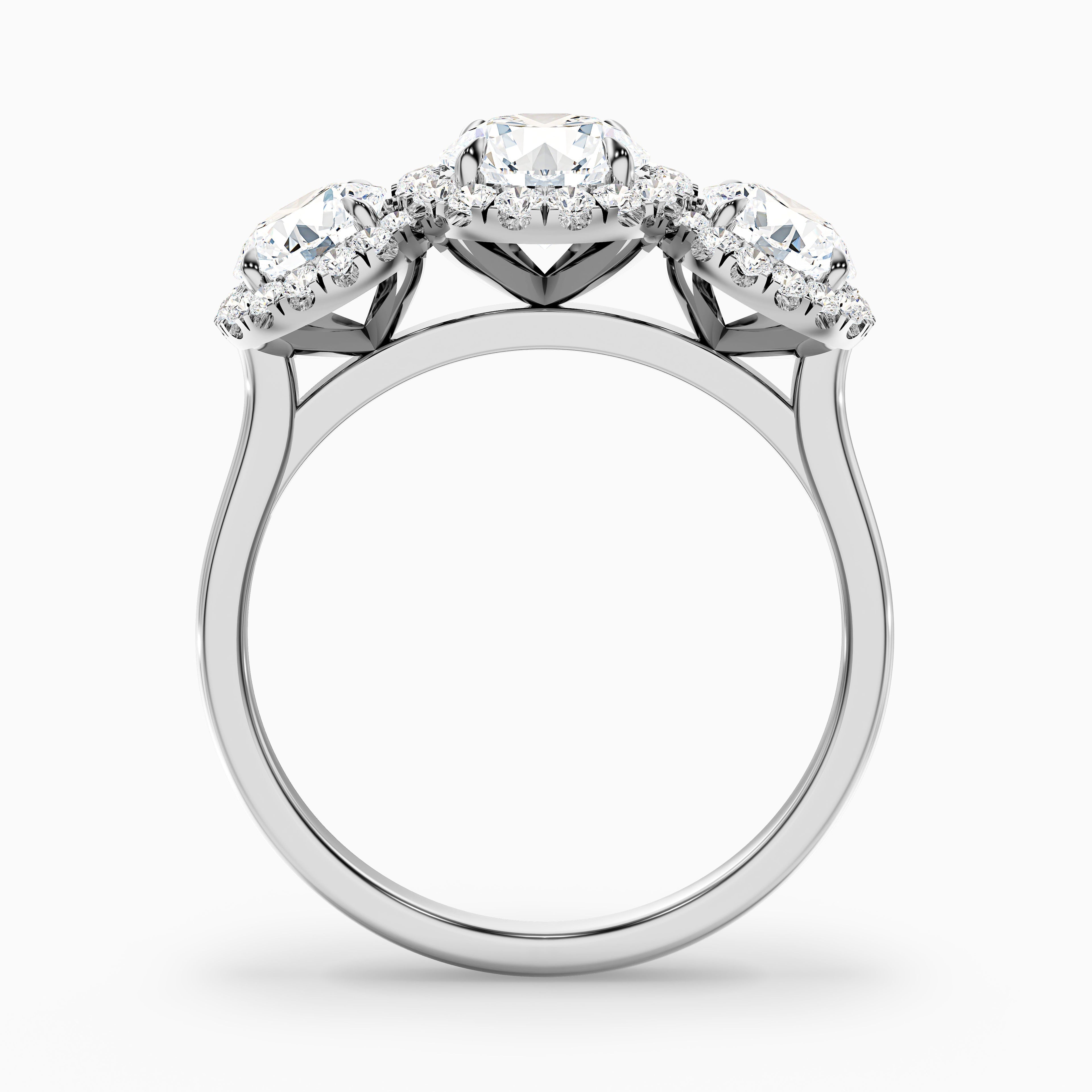 Emma 2 Carat Three Stone Round Halo Moissanite Engagement Ring in Platinum