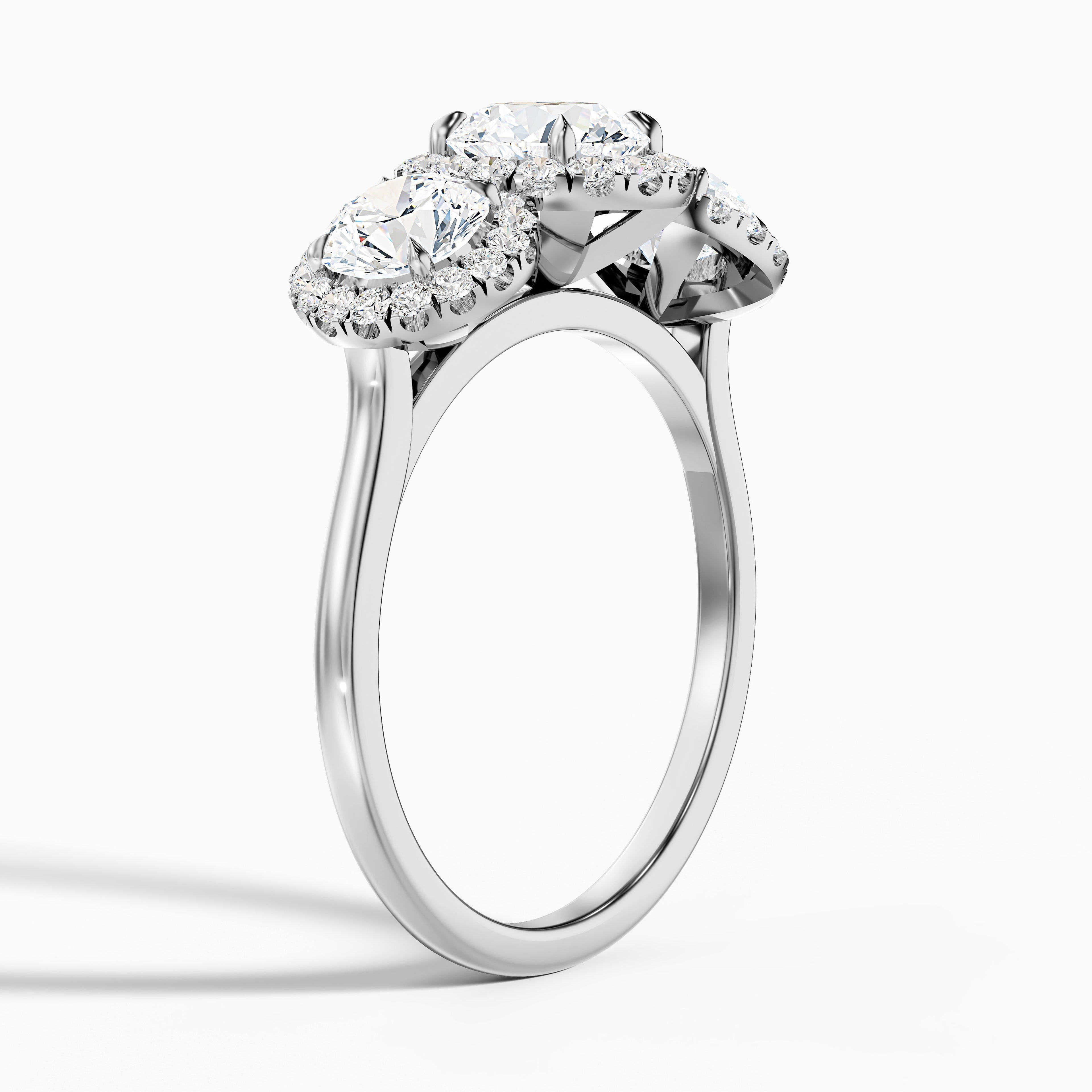 Flora 4 Carat Three Stone Round Halo Lab Grown Diamond Ring in 18k Yellow Gold