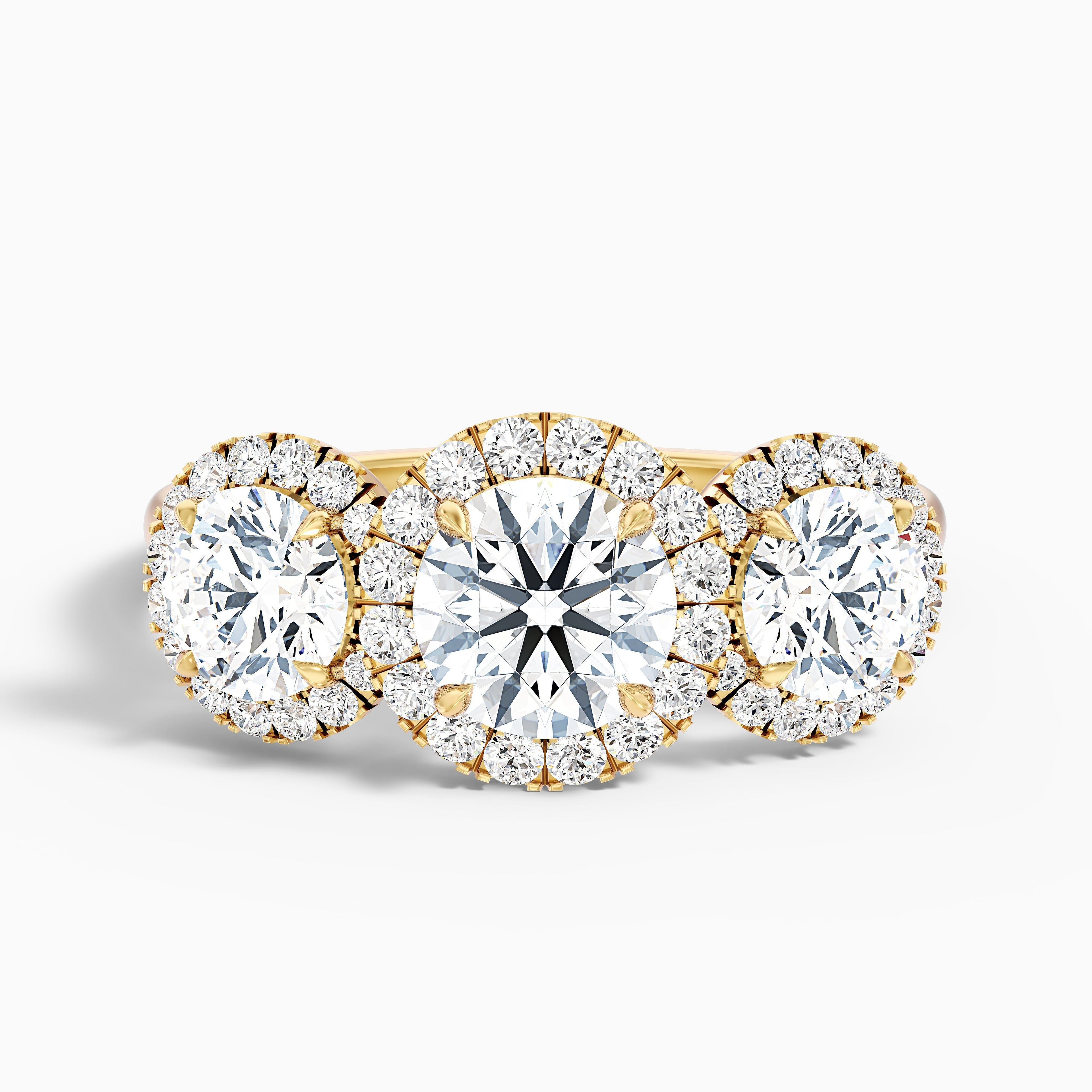 Emma 3 Carat Three Stone Round Halo Moissanite Engagement Ring in 10k Yellow Gold DestGlow