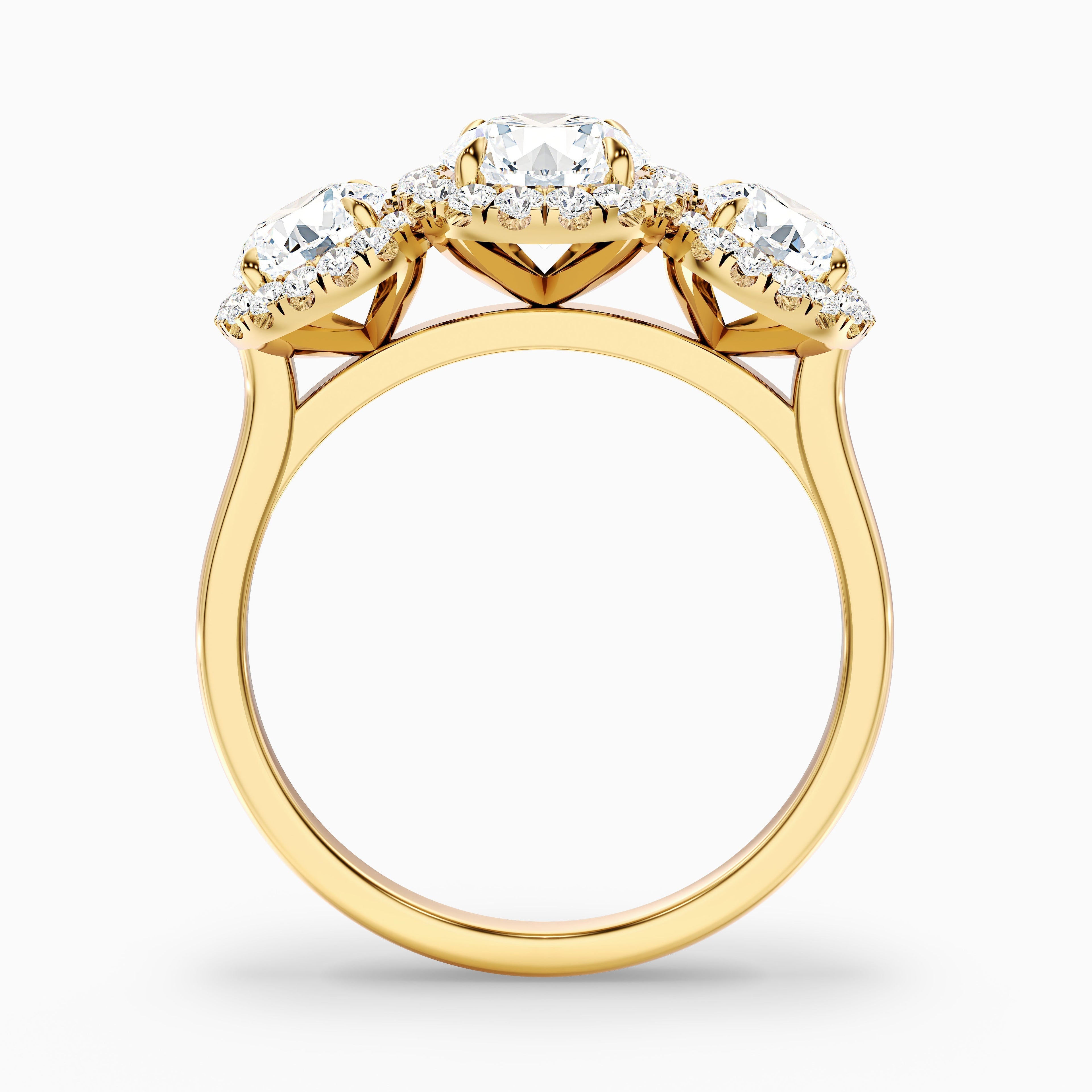 Emma 3 Carat Three Stone Round Halo Moissanite Engagement Ring in 10k Rose Gold DestGlow