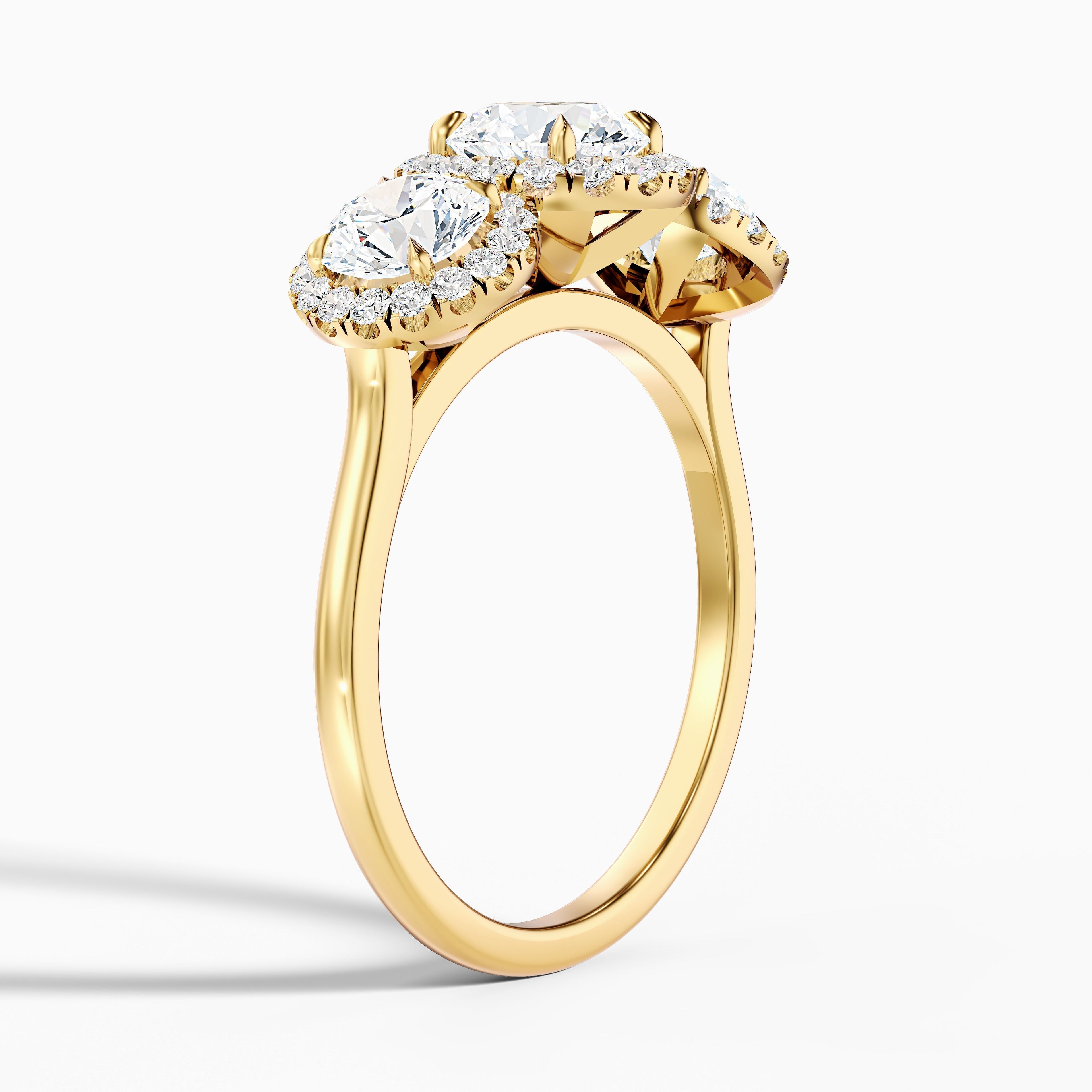 Flora 4.5 Carat Three Stone Round Halo Lab Grown Diamond Ring in 18k Yellow Gold DestGlow