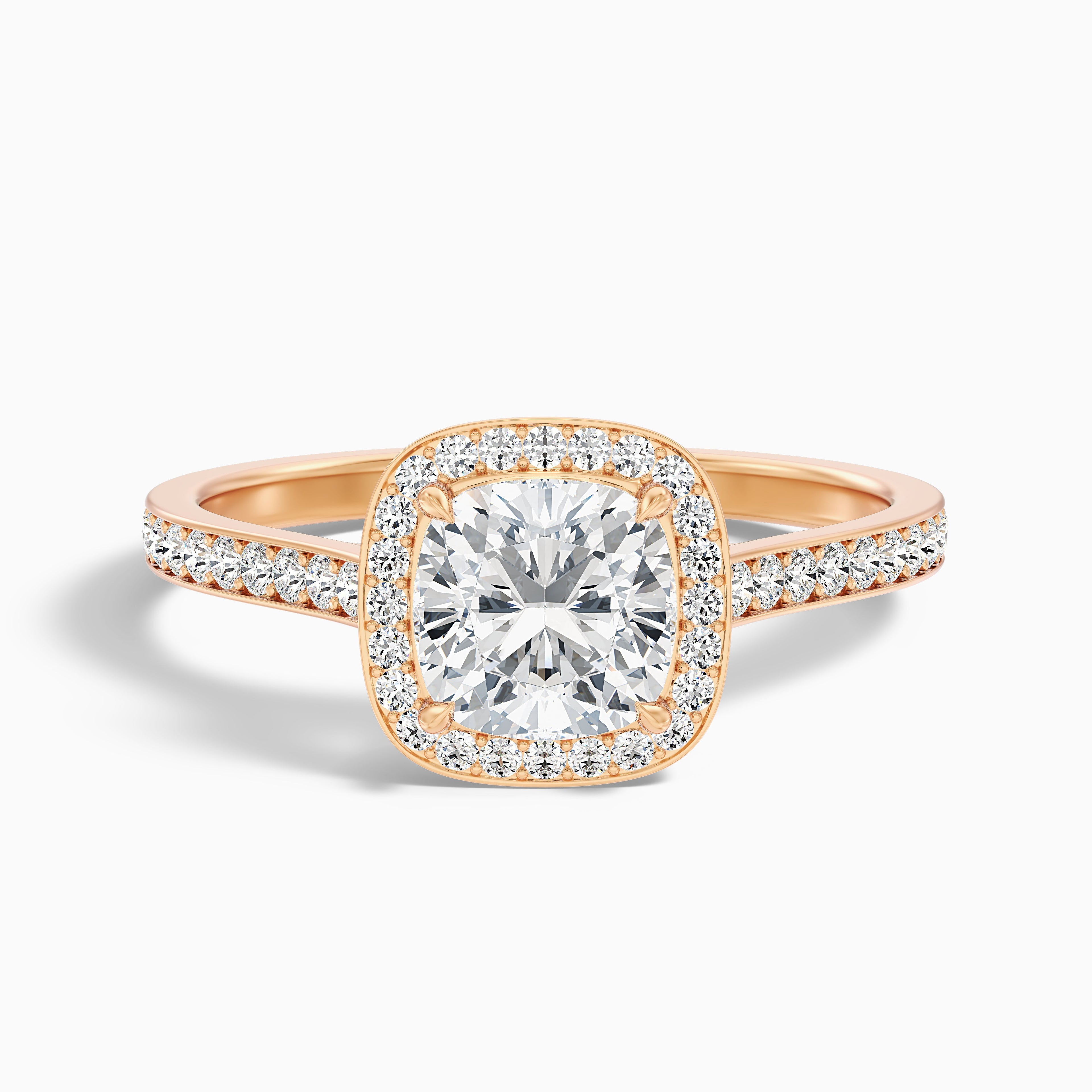 Kelly 2 Carat Cushion Cut Halo Pave Moissanite Engagement Ring in 14k Yellow Gold