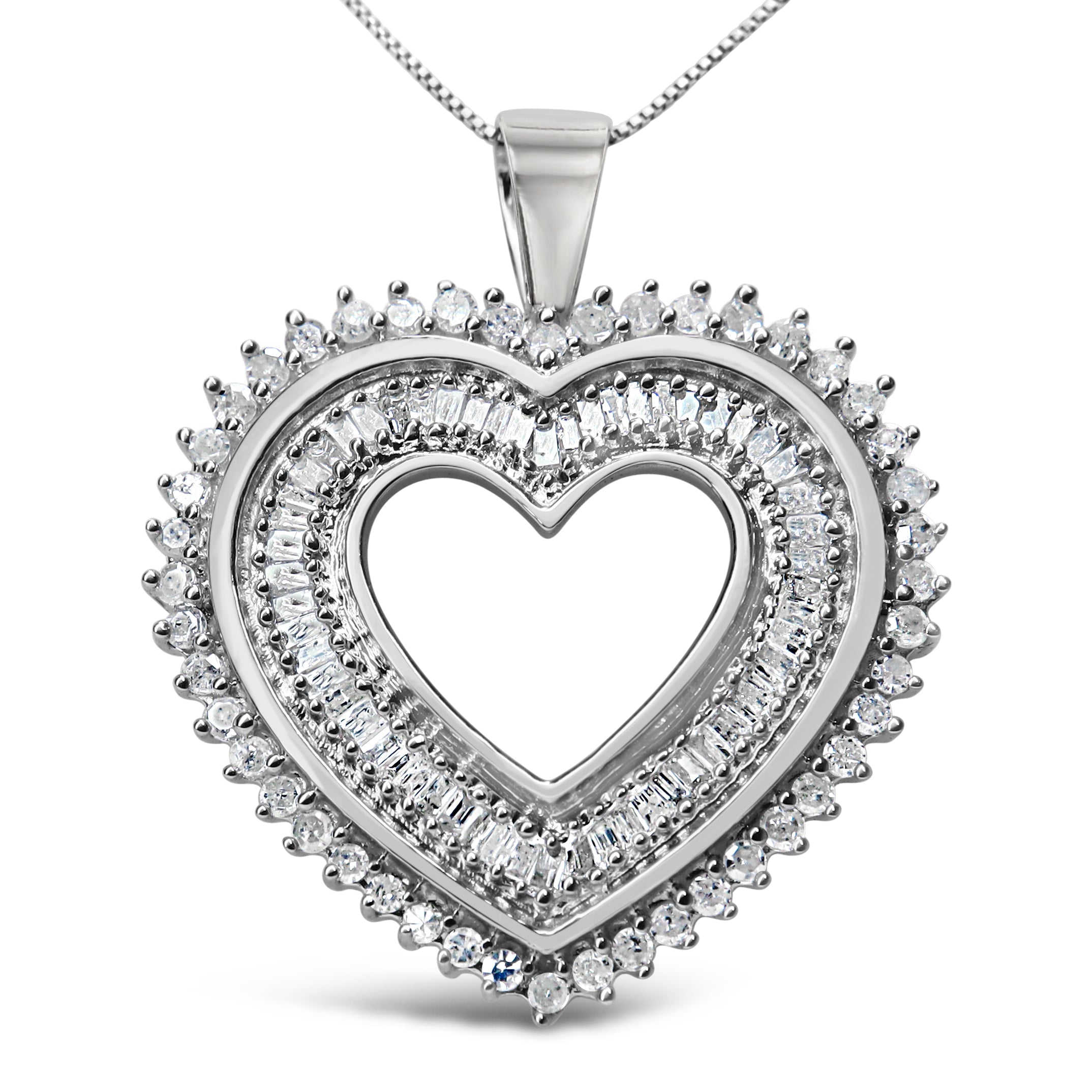 .925 Sterling Silver 1.0 Cttw Baguette and Round Diamond Heart Pendant 18" Necklace (H-I Color, I3 Clarity) by Bids.com